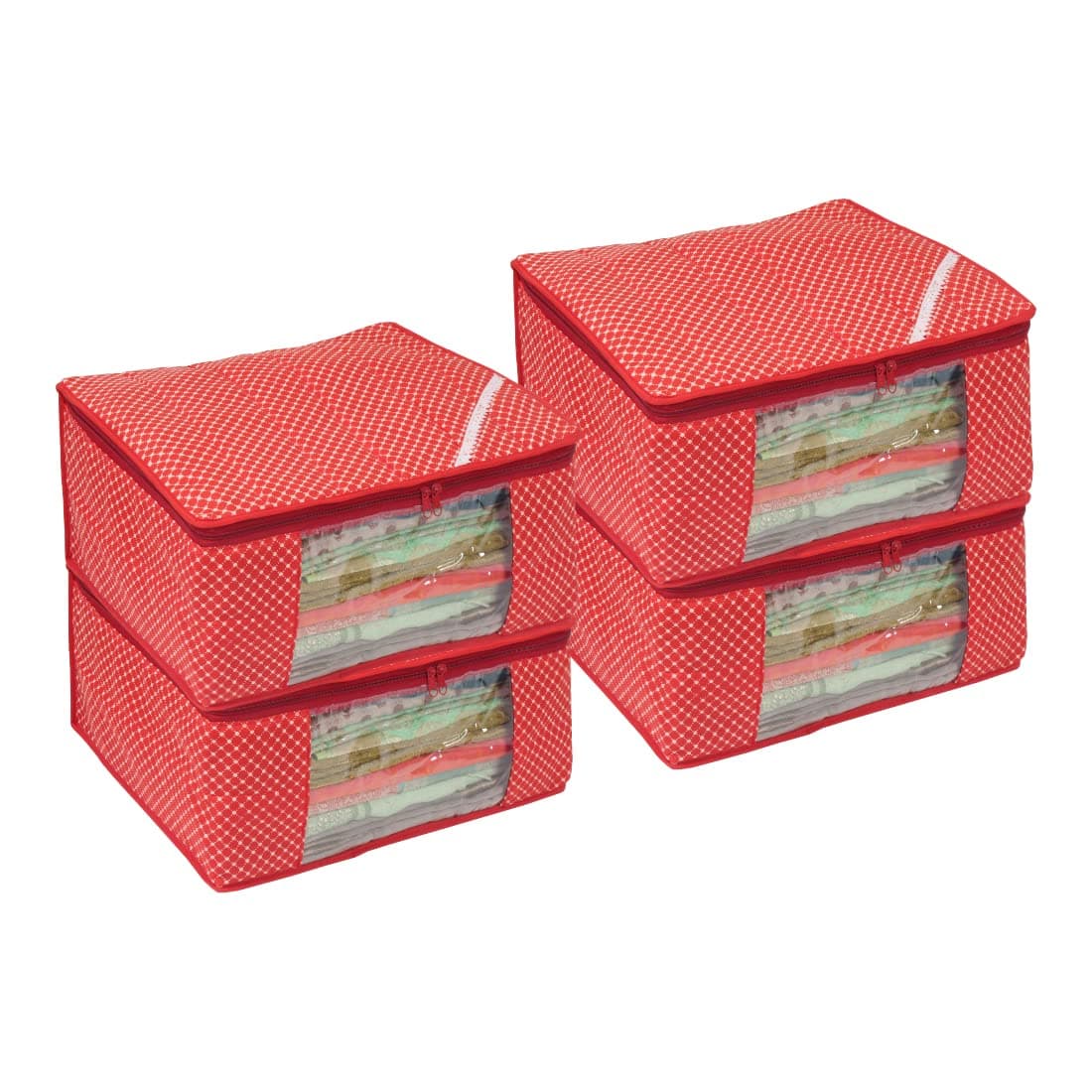 Wonder Cub Cotton Saree Cover/Saree Bag/Storage Bag with Transparent Window, Extra Large, (Pack of 4) Red