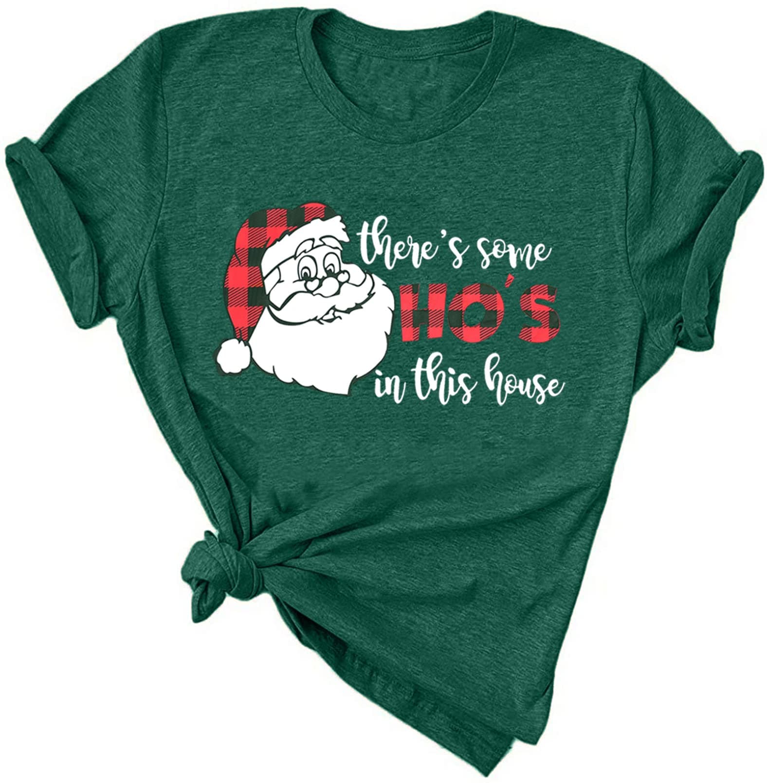 Christmas Shirts for Women There's Some Santa in This House T-Shirts Funny Holiday Shirts Casual Short Sleeve Tee Top