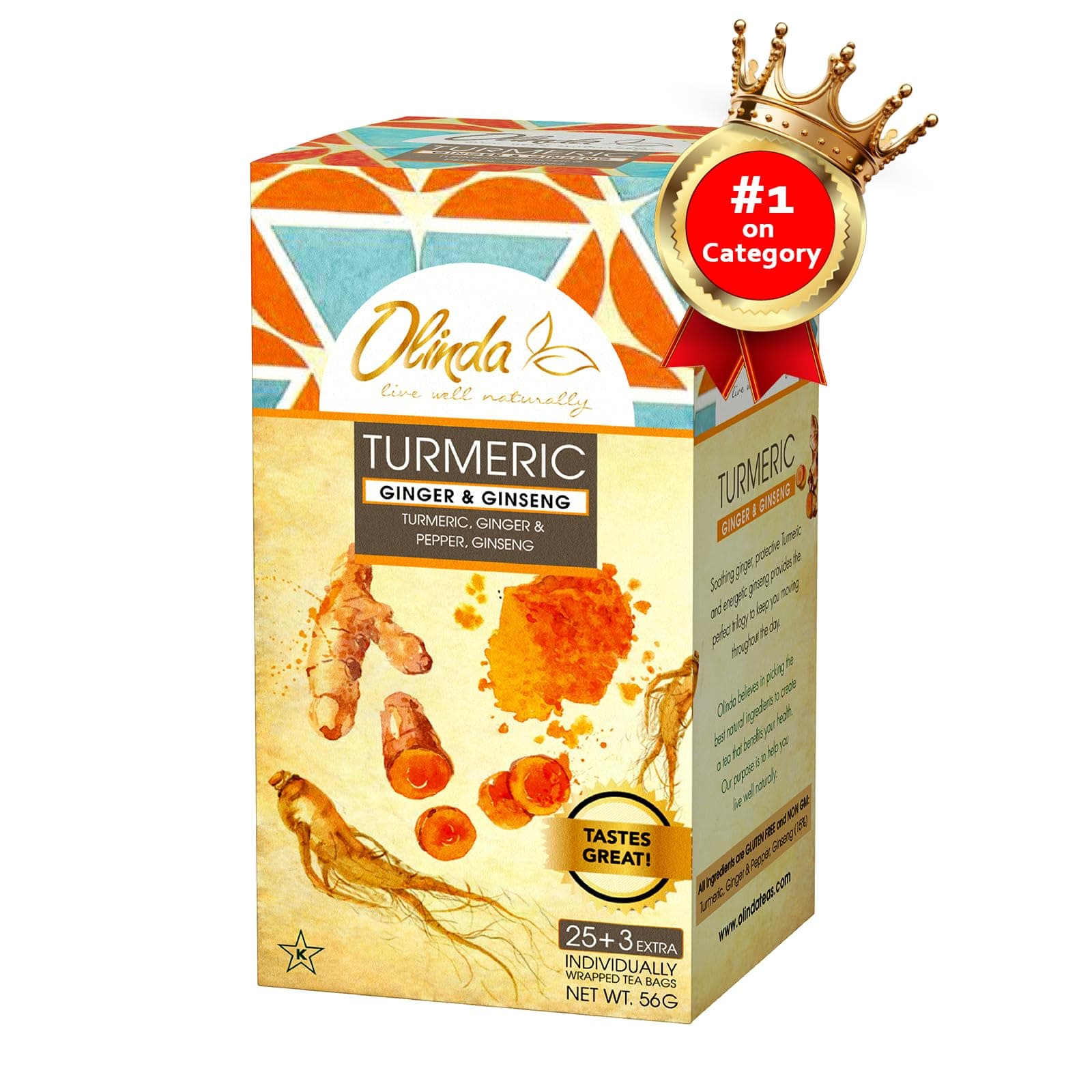 Olinda Turmeric Herbal Tea Ginger Ginseng Tea Tea Bags Caffeine Free Tea Bags 100% Pure Herbs Brew Hot 28 Tea Bags Pack of 1