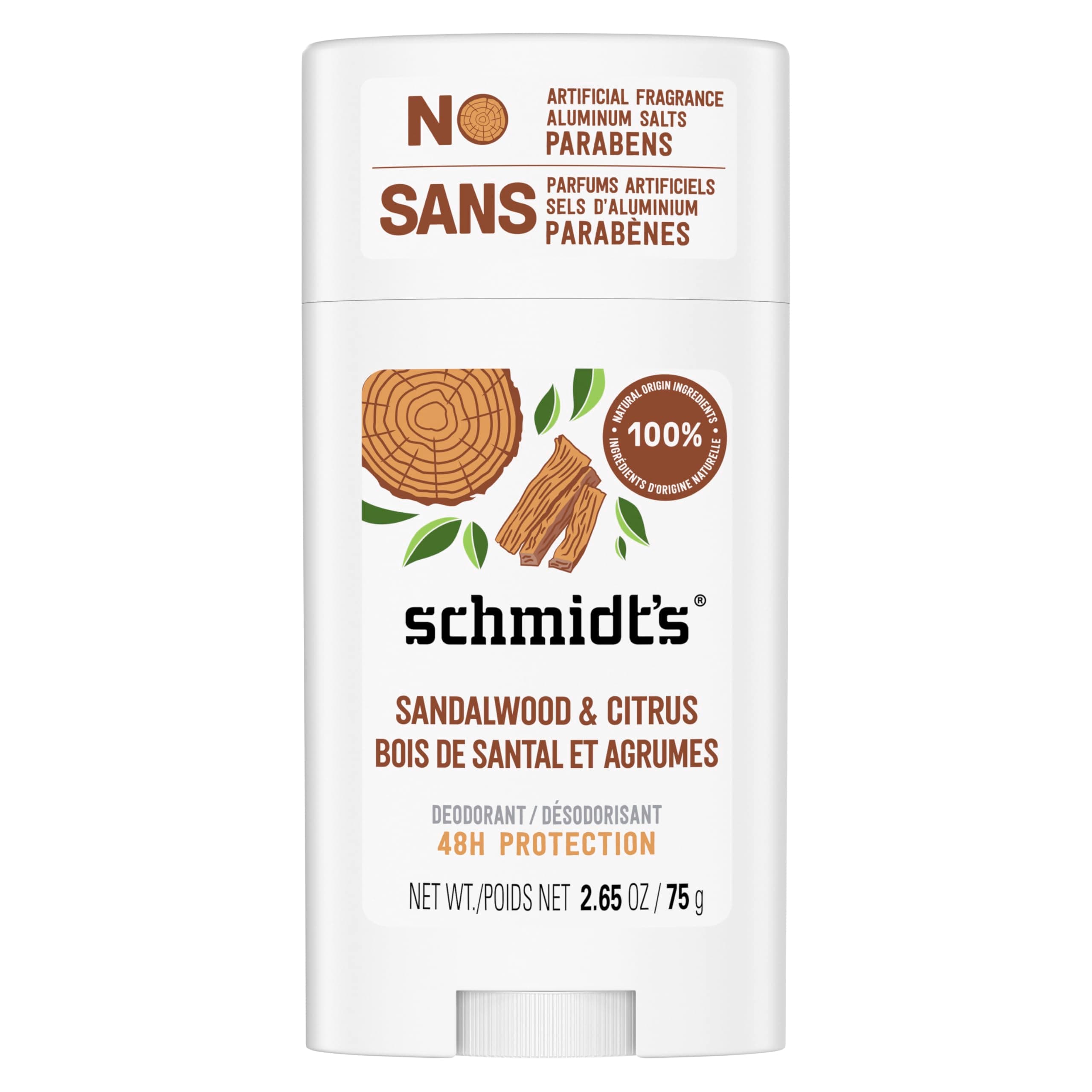 Schmidt's Aluminum Free Natural Deodorant for Women and Men, Sandalwood and Citrus with 24 Hour Odor Protection, Certified Natural, Vegan, Cruelty Free, 2.65 oz