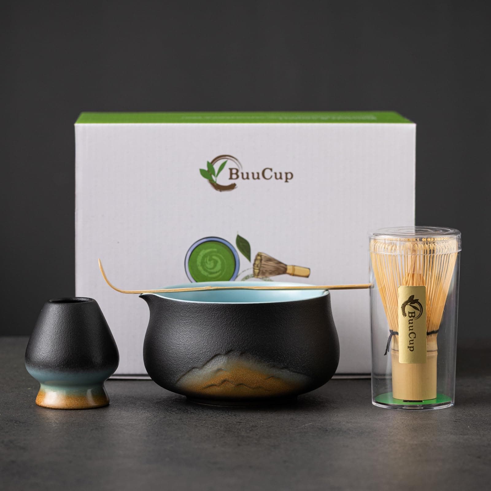 Matcha Whisk Set, Japanese Tea Set Includes Matcha Bowl with Spout, Matcha Whisk and Holder, Bamboo Scoop, 18 oz Artistic Mountain Ceramic Matcha Kit for Matcha Lovers