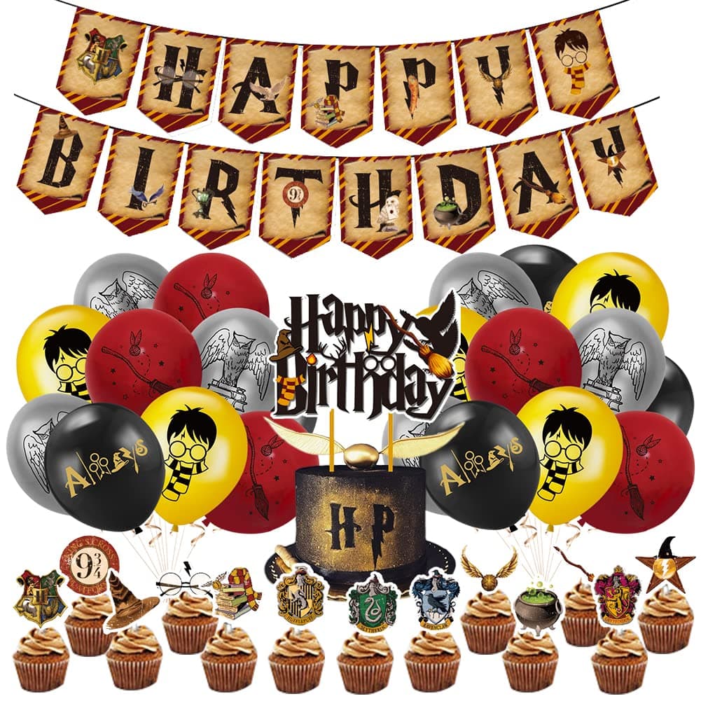 Harry Potter Birthday Party Decoration, 39 Pcs Harry Potter Theme Party Decorations, Birthday Party Supplies, Harry Potter Happy Birthday Banner Balloons Cake & Cupcake Toppers