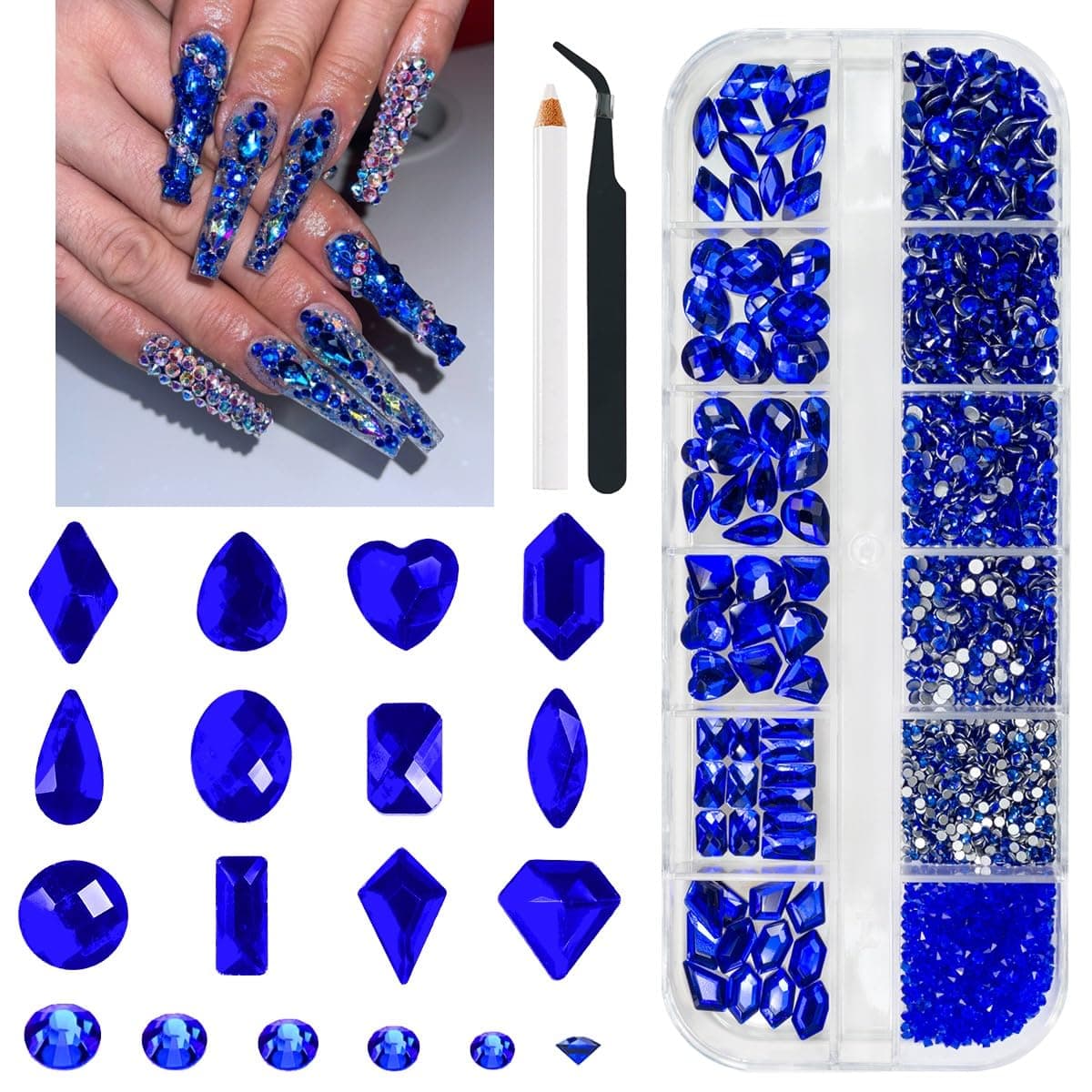 qiipii1300 Pcs Sapphire Blue Nail Art Rhinestones Kit Royal Blue Nail Charms 60 Multi Shapes Crystal Flatback Rhinestones Big Gems + 1240 Round Beads Glass Stones Diamonds Jewels for Nails Faces Eyes Makeup