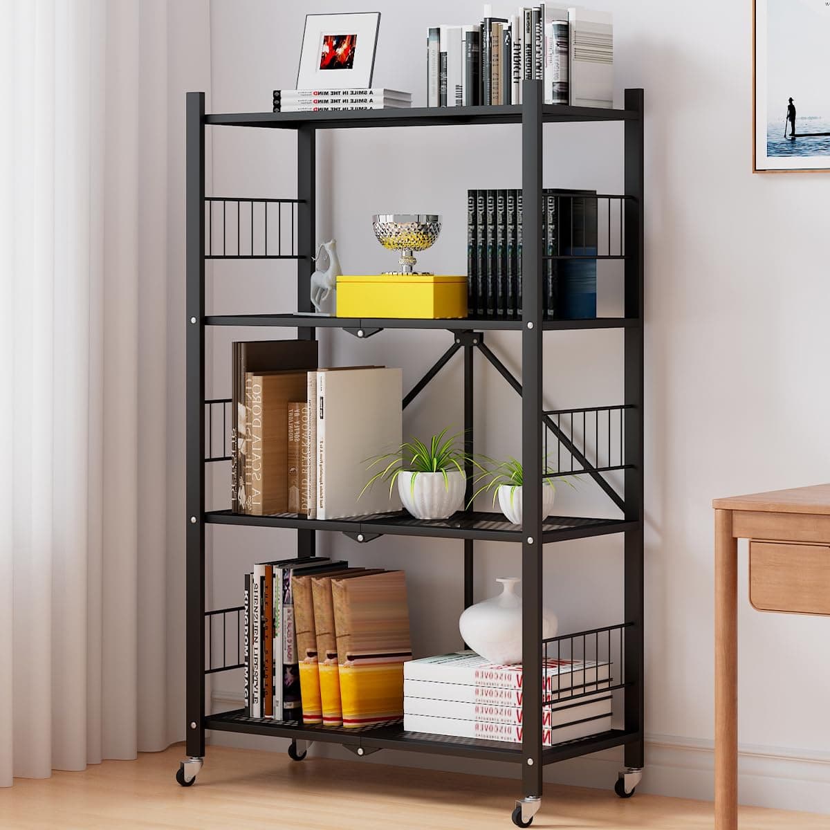 Folding Storage Shelves, 5-Tier/4-Tier/3-Tier Metal Collapsible Shelves with Wheels, Shelving Units and Storage Rack, Rolling Shelf No Assemble.