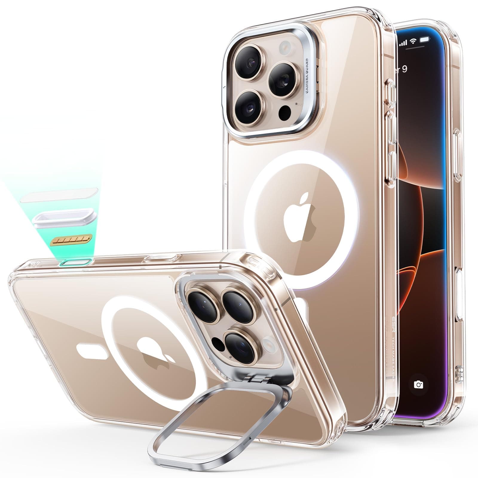 Design award winning series. ESR iPhone 16 Pro Max Case, MagSafe Compatible, Camera Control, Hidden Stand, Adjustable, Wireless Charging, US Military MIL Stand, Shockproof, Scratch Resistant