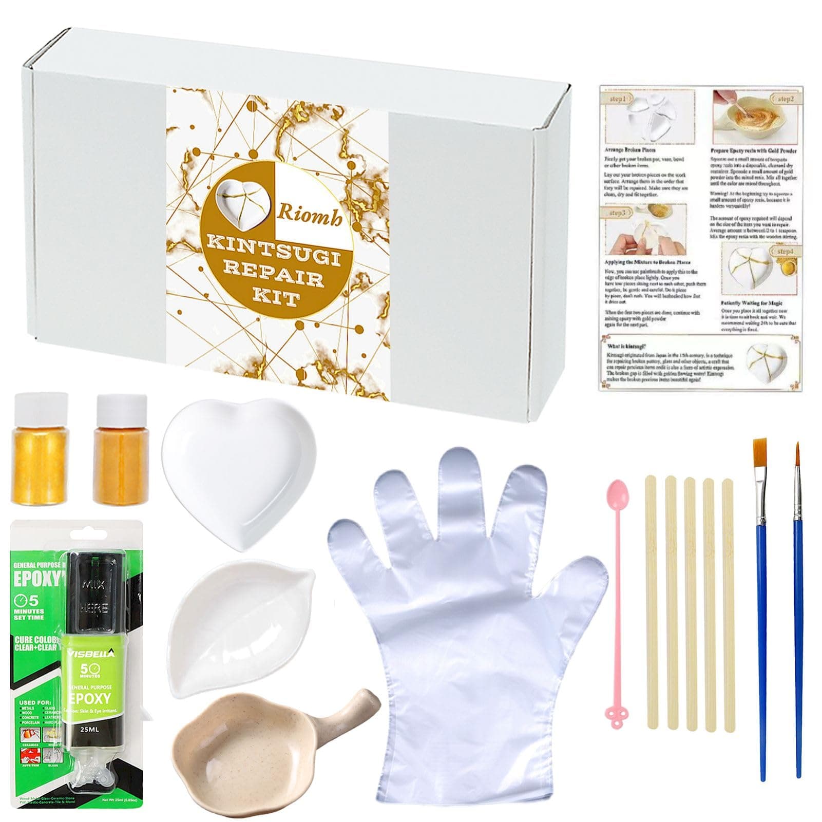 Kintsugi Repair kit, Pottery Repair kit Comes with Two Mini Practice Ceramic Bowls for Starter, Kintsugi Craft Repairs Your Meaningful Pottery