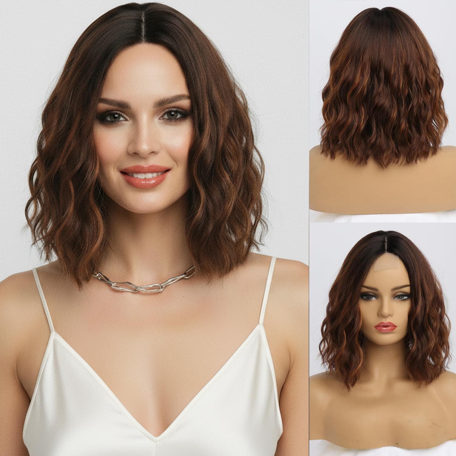 Short Brown Highlight Wigs for Women Shoulder Length Bob Curly Wavy Middle Part Brown Wigs Synthetic Wigs Natural Wavy Heat Resistant Hair for Daily Party Use (14 inch)