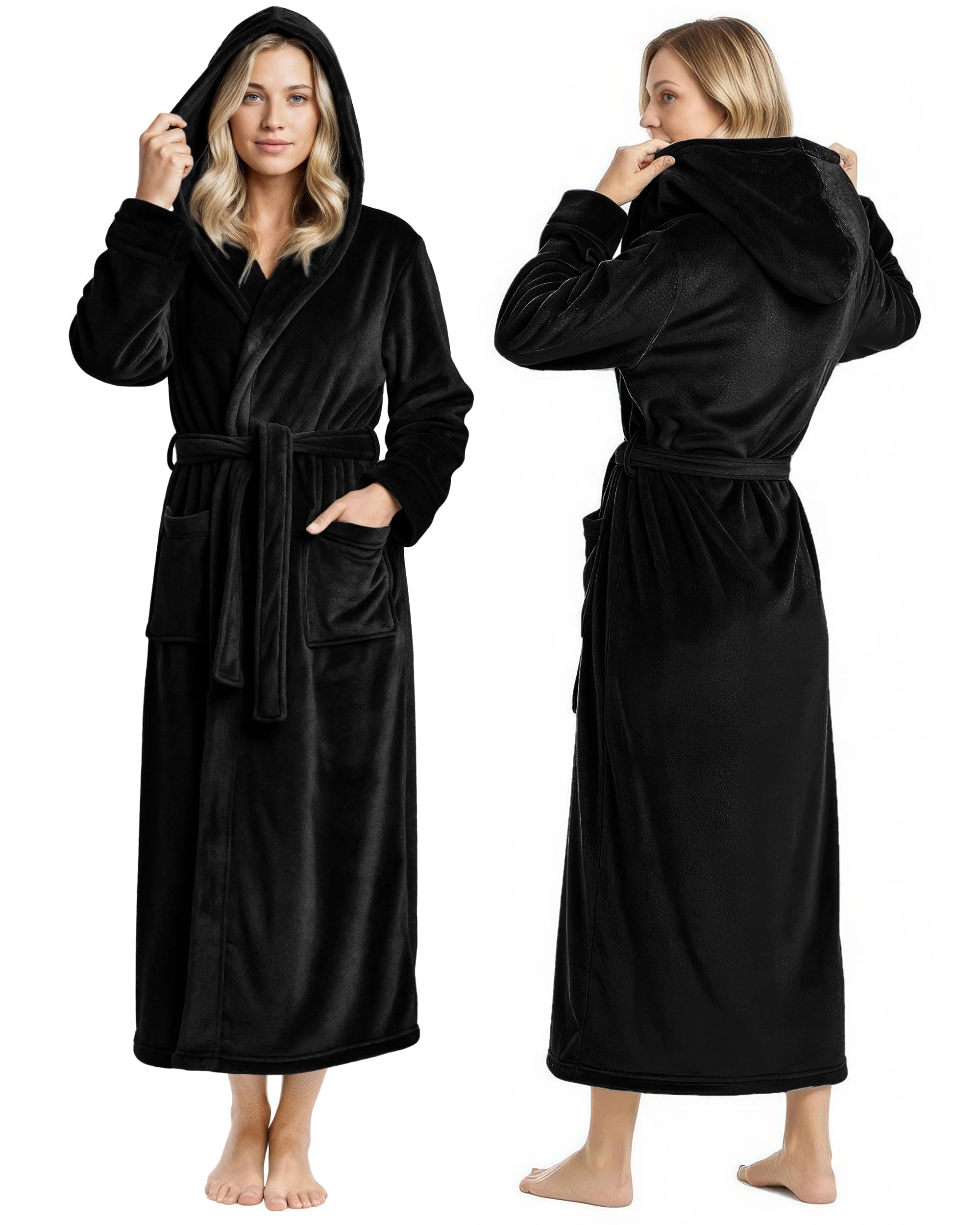 Women's Fleece Hooded Bathrobe Plush Long Spa Robe, Medium