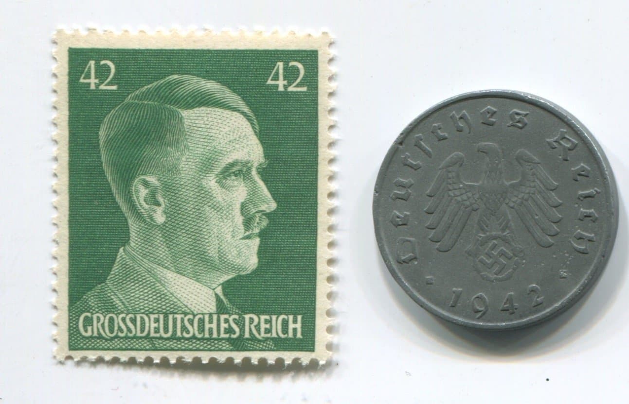 Hitler Rare Nazi Swastika 10 Reichspfennig German Coin World War Two WW2 with Jumbo Green Head Stamp MNH