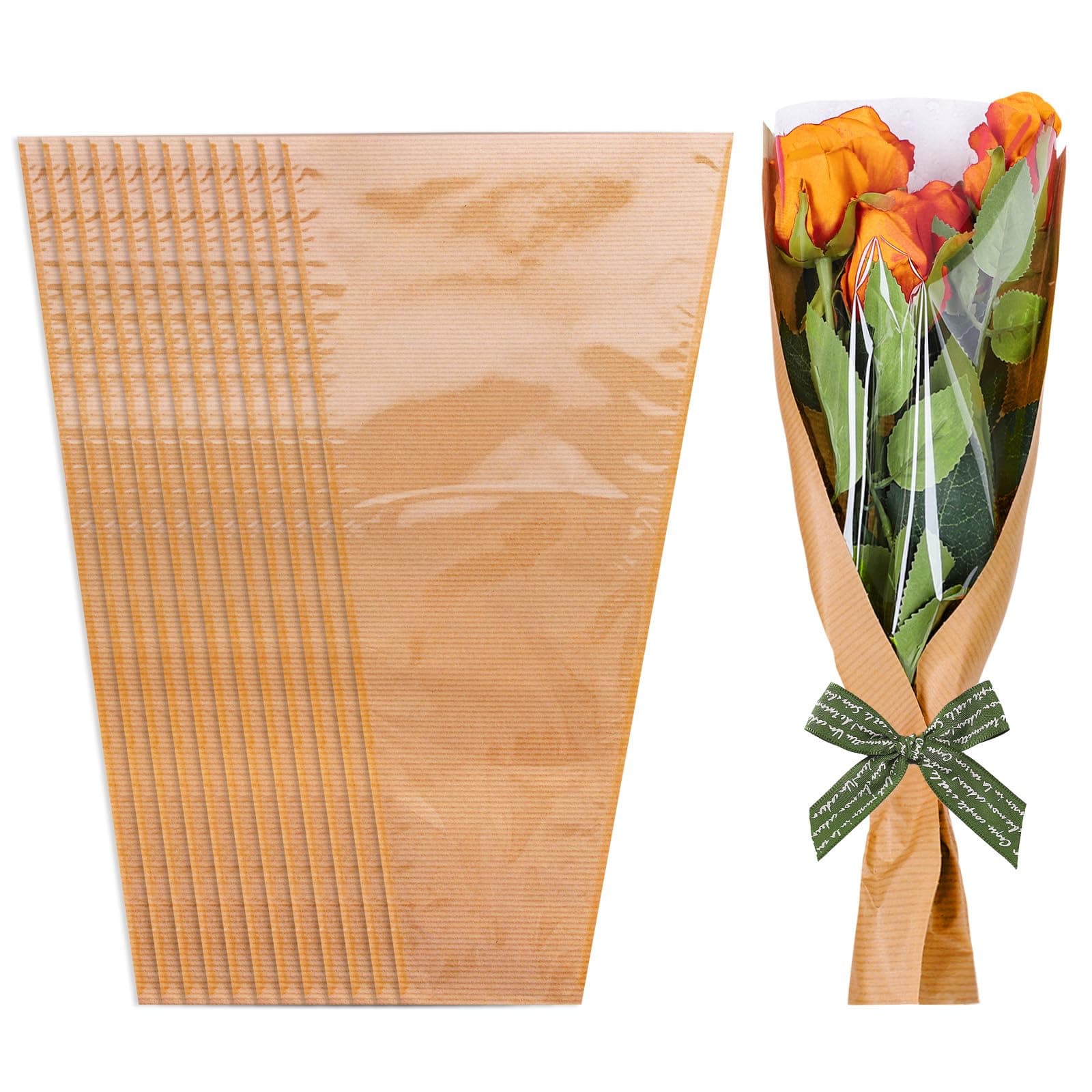 Whaline 50Pcs Flower Wrapping Bags Mother's Day Kraft Paper Floral Packing Sleeves Bouquet Bags Clear Flower Wrapping Sleeves for Graduation Wedding Birthday Valentine's Day Gift, 9.8x3.9x17.9 Inch