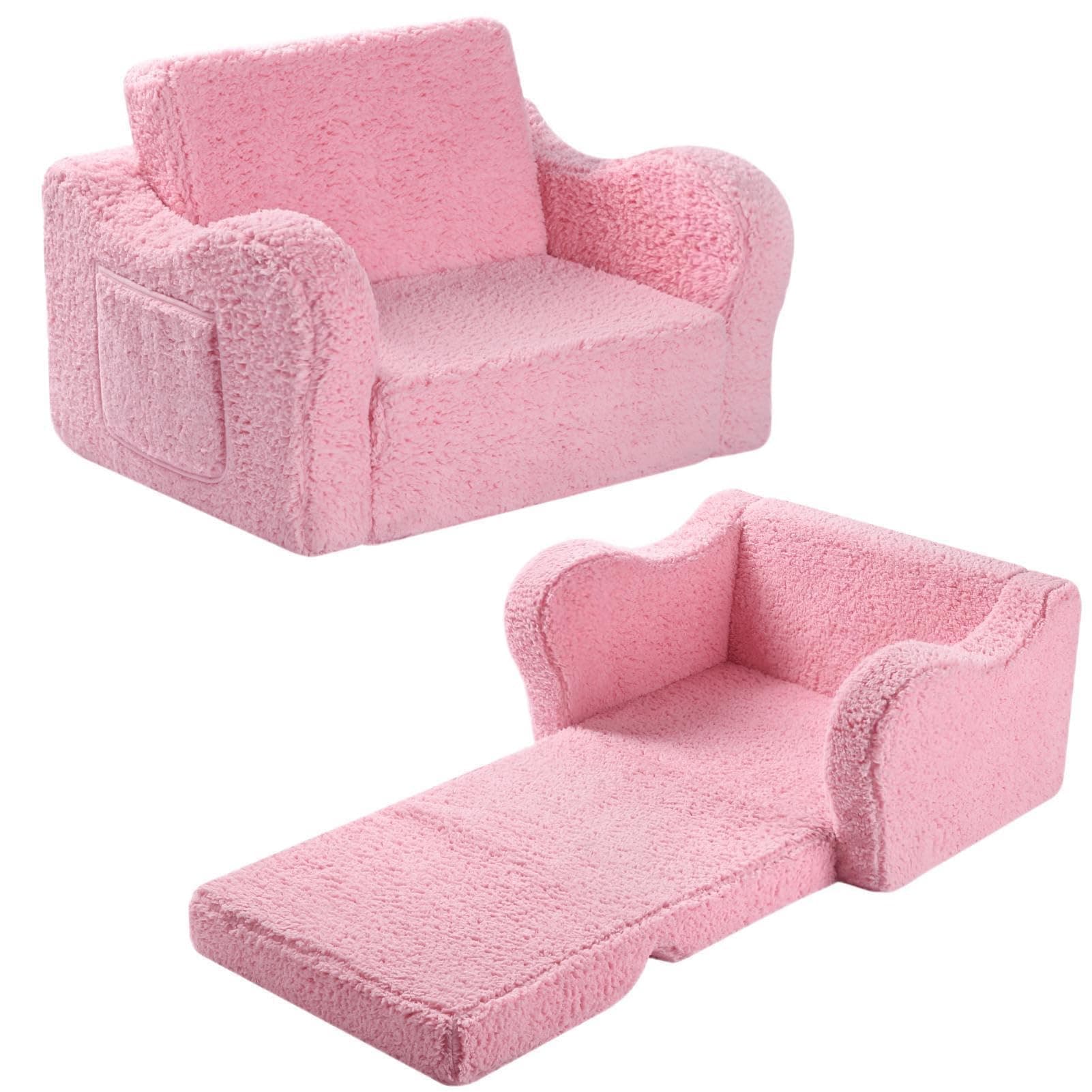 Kids Chairs for Toddler, 2-in-1 Toddler Soft Sherpa Couch Fold Out, Convertible Sofa to Lounger for Girls and Boys, Pink