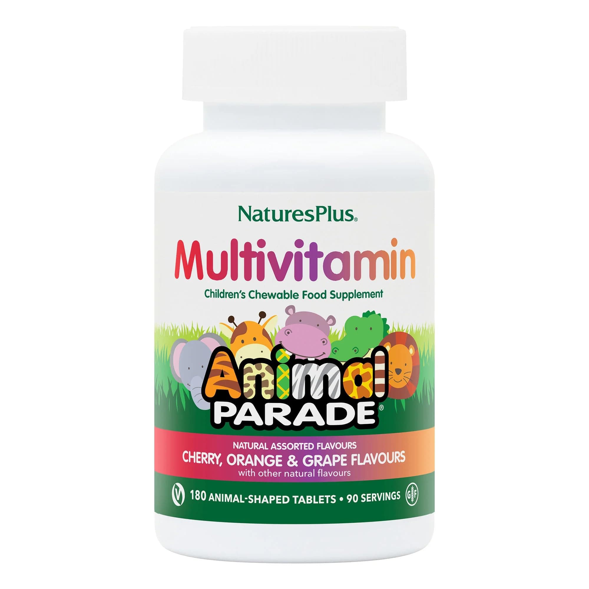 NaturesPlus Animal Parade Children’s Multivitamin Assorted Flavours - Plant Based, Vegan Chewable Multivitamin for Kids - Gluten Free - 90 Animal Shaped Tablets