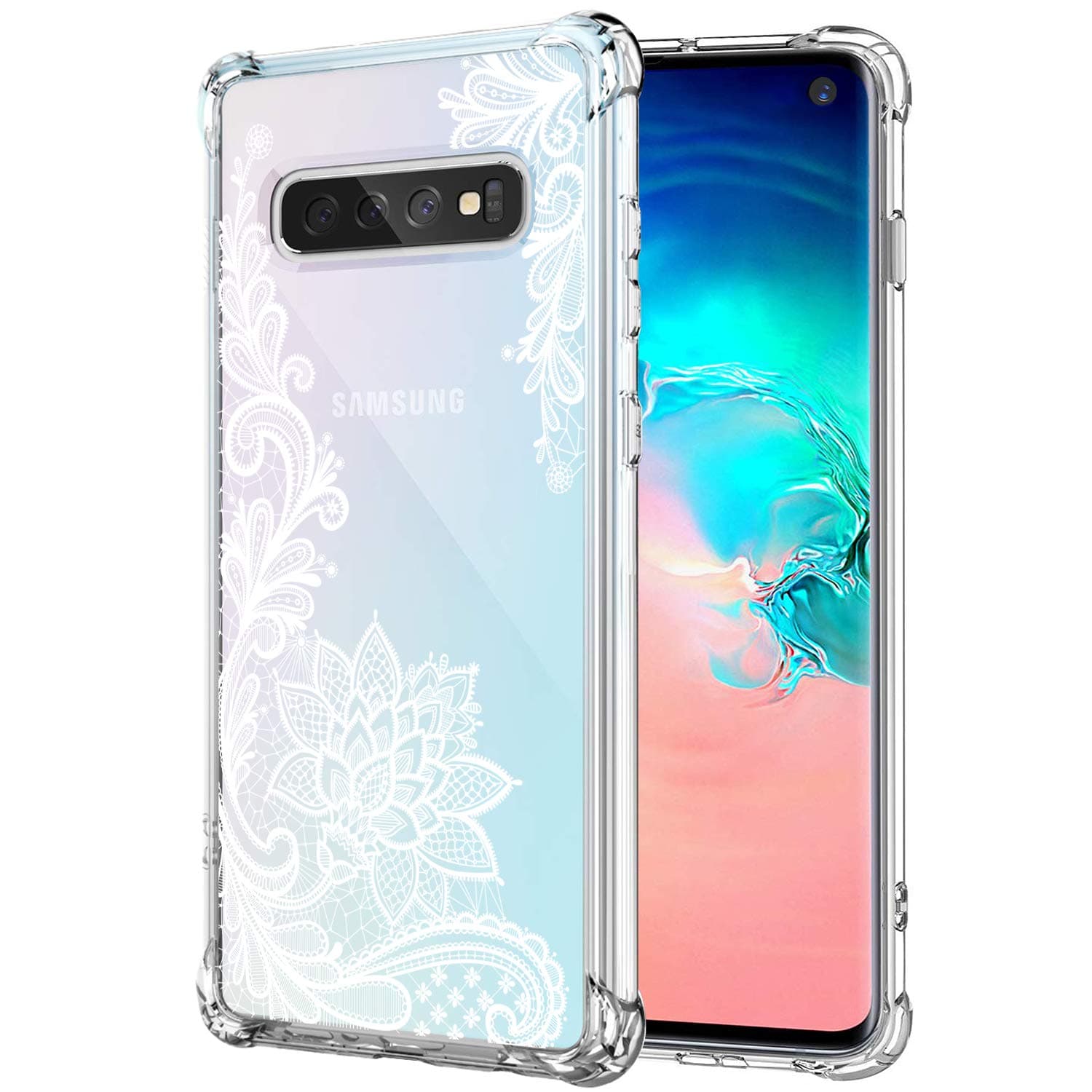Case for Samsung Galaxy S10 Airbag Corners Shockproof Bumper Protective Phone Cover, Hybrid Design Hard PC Back with Flexible TPU Frame (Lace, for Samsung S10)