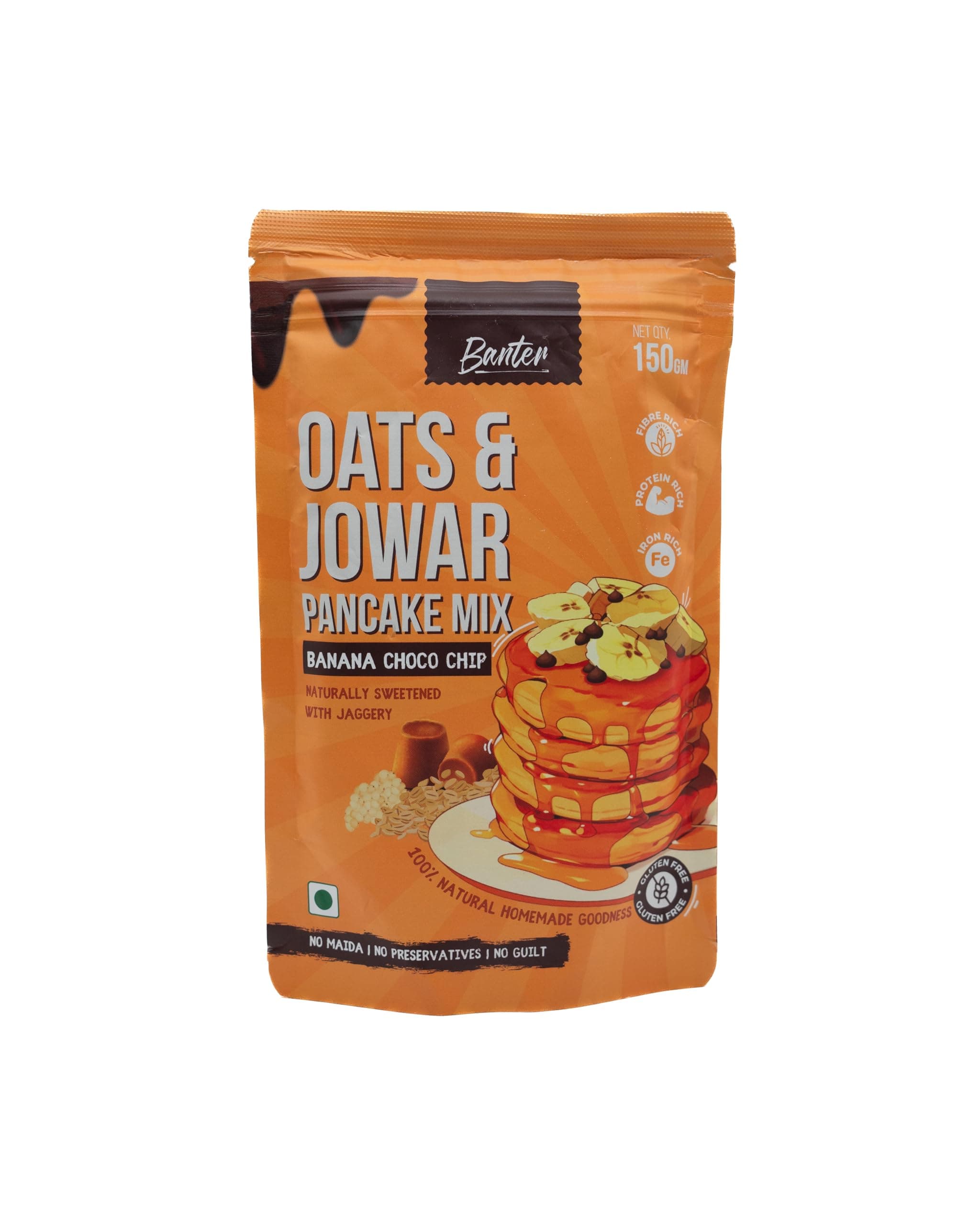 Oats & Jowar Pancake Mix – 100% Natural, Jaggery-Sweetened, Gluten-Free, No Maida, No Preservatives, Fiber, Protein & Iron Rich, Homemade Goodness (150, Banana)-Pack of 1