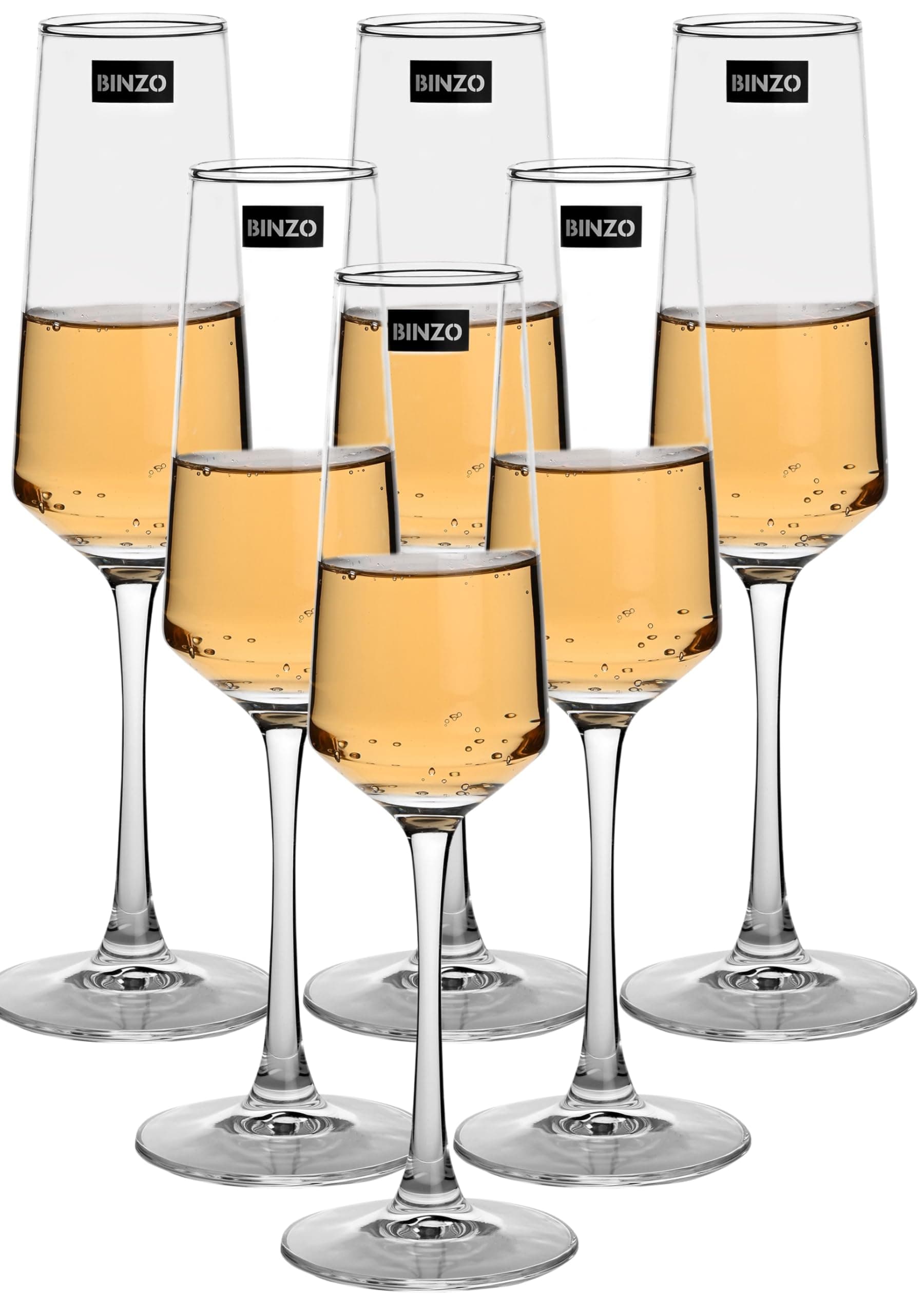 BINZO Crystal Champagne Flute Glasses, Set of 6, 250 ml, Slim Wine Glass, Premium Champagne Glass, Gift for Birthday, Wedding, Anniversary
