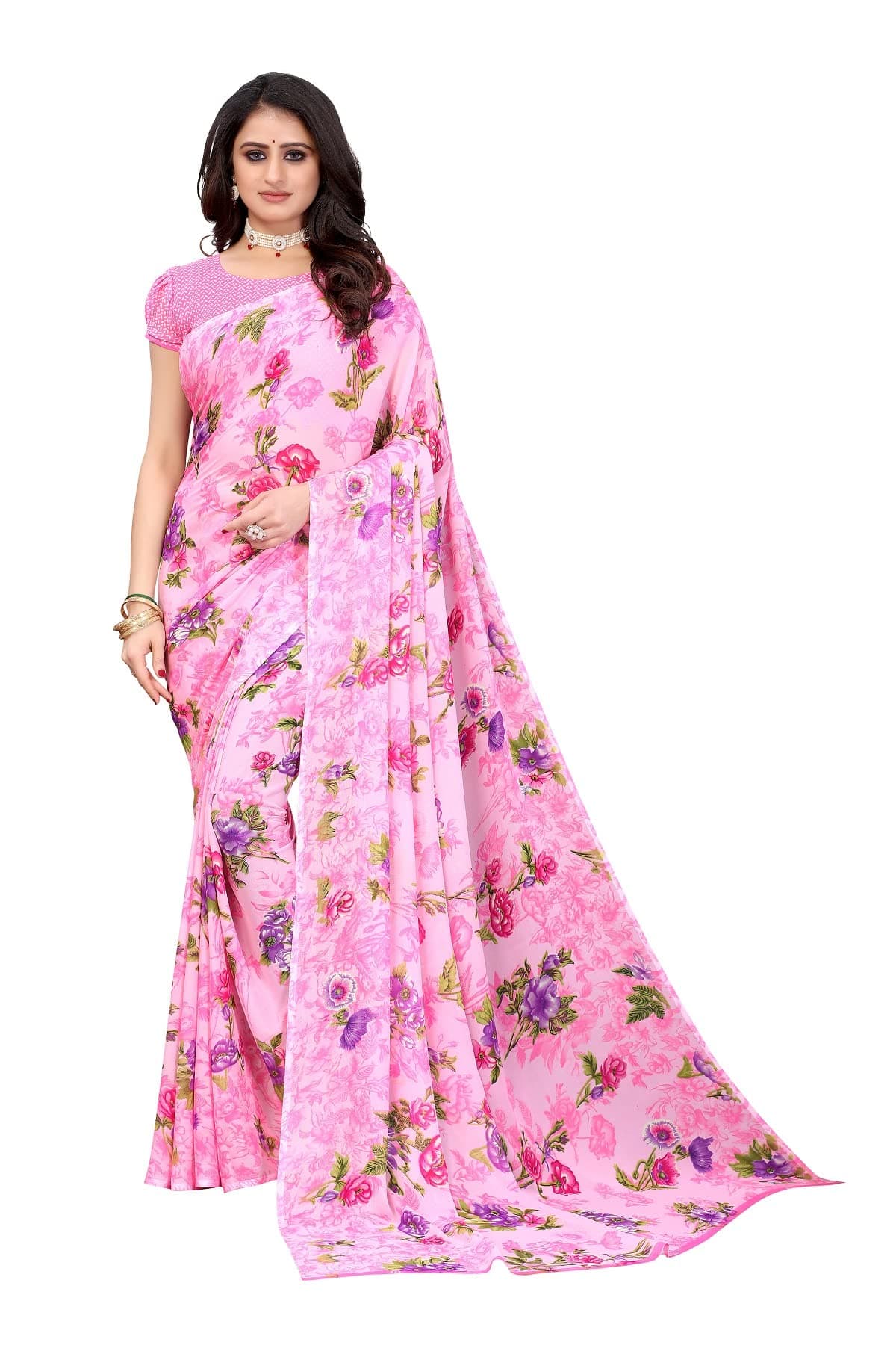 Rensil Womens Georgette Printed Saree with Blouse Piece_RUTVI PINK