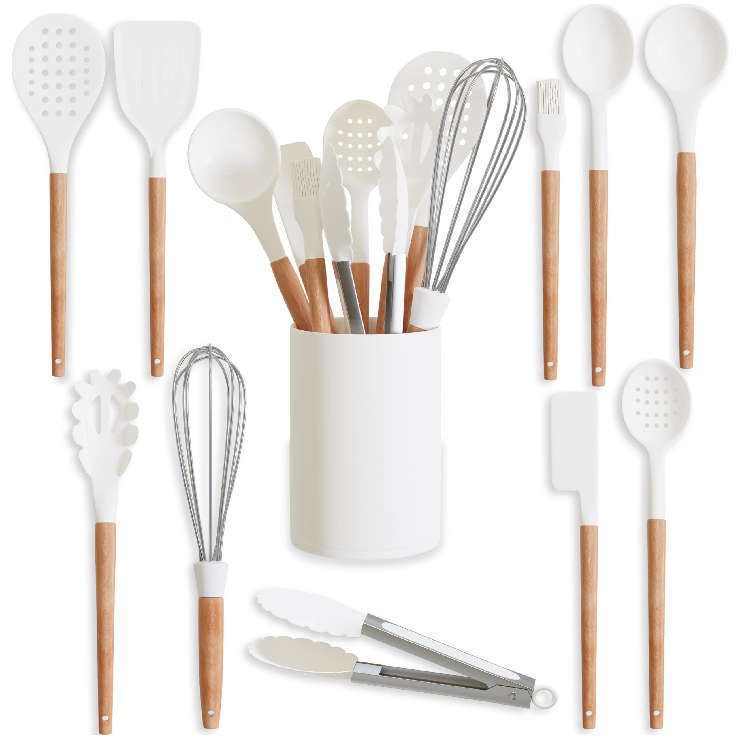 Five14 10-Pc. Kitchen Utensils Set for Cooking, Food Prep, and Serving, Flexible Non-Stick Silicone with Bamboo Wood Handles, Scratch and Heat Resistant Heads, White