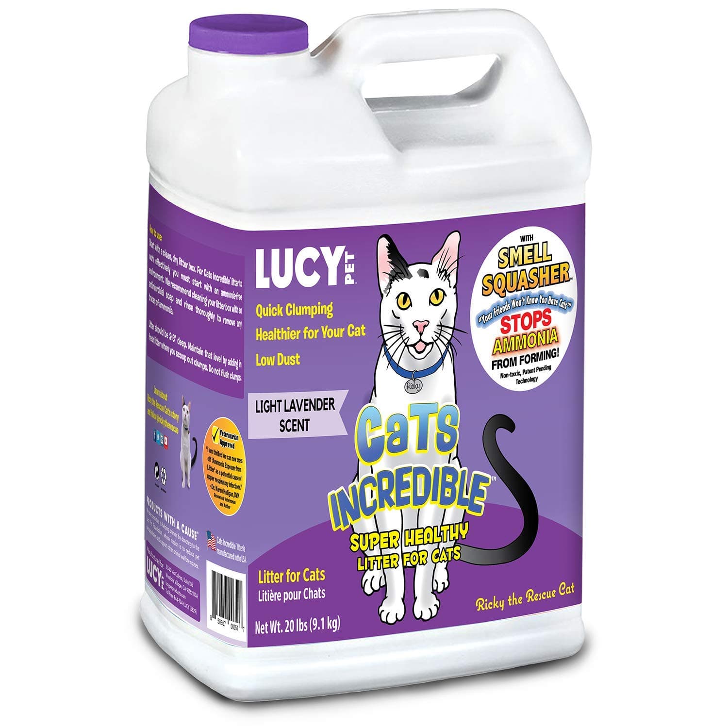 Cats Incredible Lucy Pet 20 lb Jug Clumping Cat Litter with Smell Squasher, Absorbent Natural Clay Formula Prevents Ammonia Build-Up, Lavender Scent (LPPCI00632)