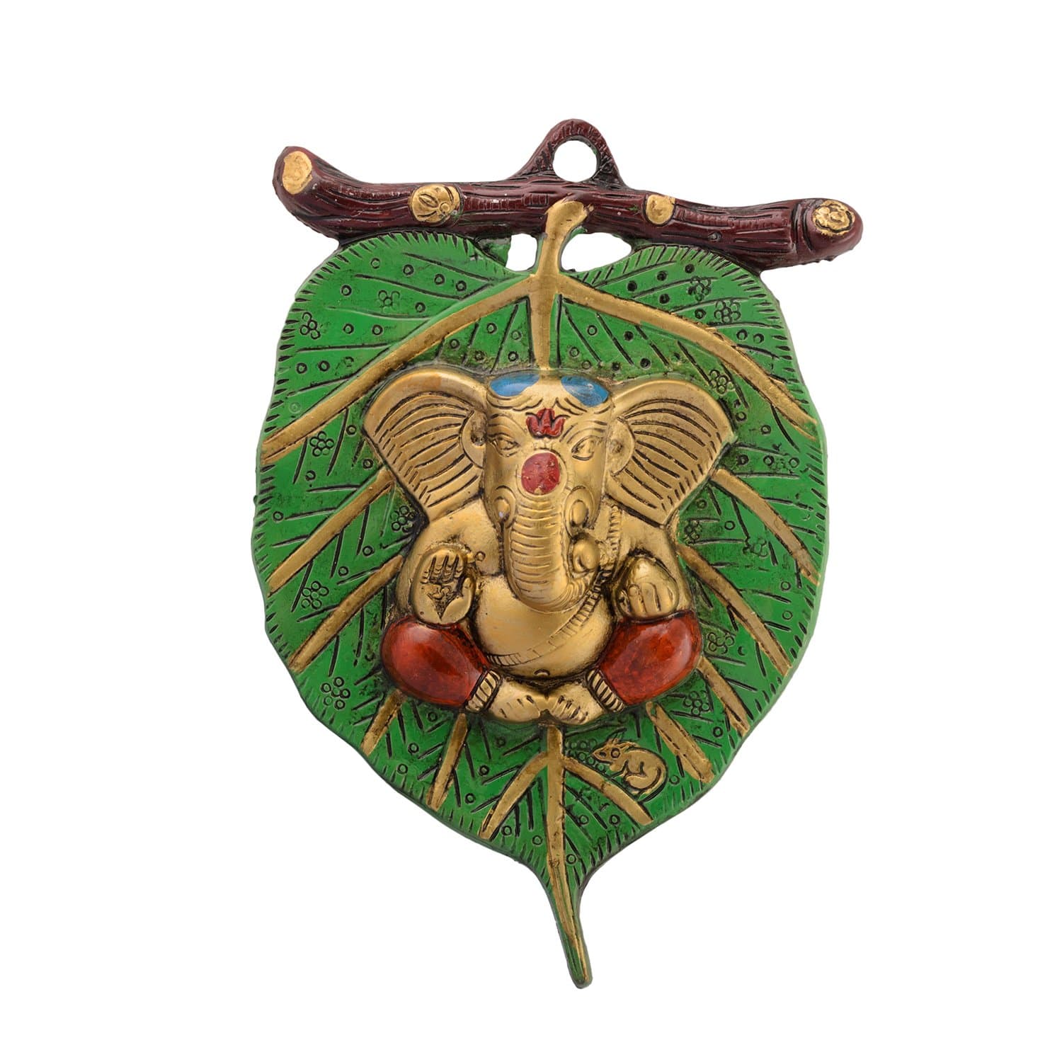 Metal Golden Lord Ganesha In Red Dhoti On Green Leaf Ganesha Wall Hanging | Decorative Showpiece for Wall Decor | Diwali Decoration Items for Home Decor | Gift for Diwali Housewarming