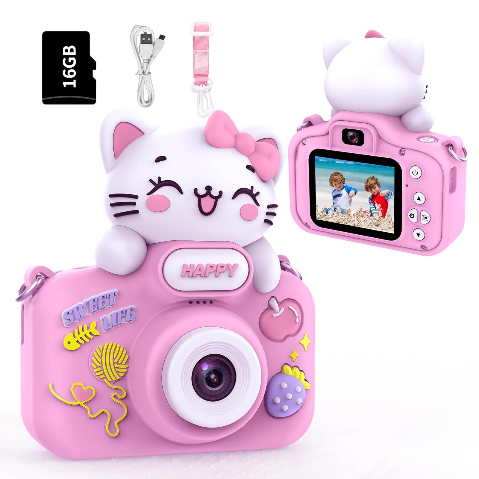 Kids Camera, Digital Camera for Kids Age 3-5 Boys/Girls, Toddler Cameras for 6 7 8 9 10 11 12 Year Old Christmas Birthday Festival Gifts, Cameras Toys with 16G TF Card, Pink