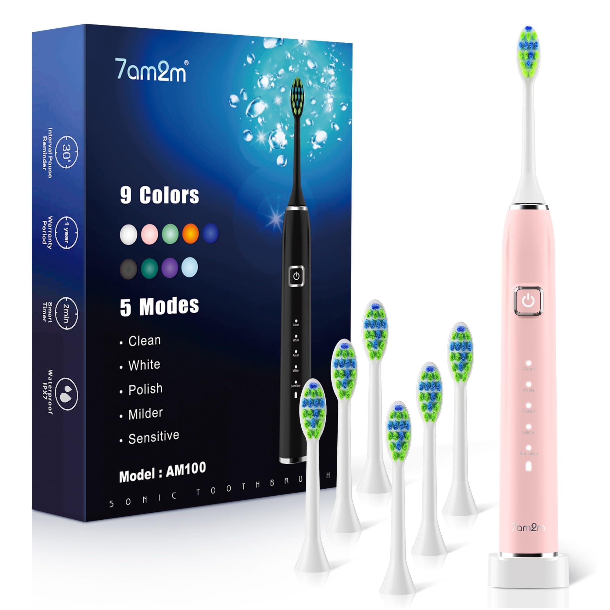 Sonic Electric Toothbrush with 6 Brush Heads for Adults and Kids, One Charge for 90 Days, Wireless Fast Charge, 5 Modes with 2 Minutes Built in Smart Timer, Electric Toothbrushes(Pink)