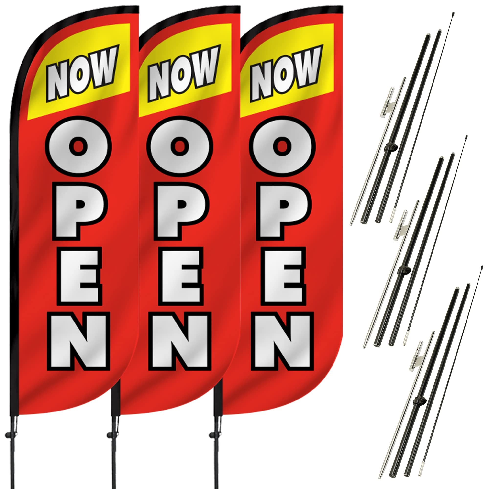LookOurWay Feather Flag Pole Kit 3-Pack Bundle - 7ft Tall Grand Opening Advertising Banners with Poles and Ground Spikes - Now Open Red & Yellow