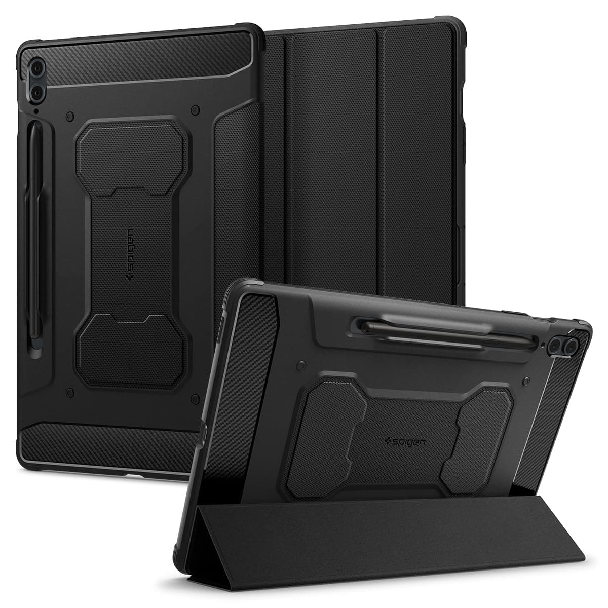 Spigen Rugged Armor Pro | Samsung Galaxy Tab S10+/Tab S9+ Case [S Pen Holder] [Trifold Stand] 12.4 inch Folio Full Cover | TPU+PU Leather - Black