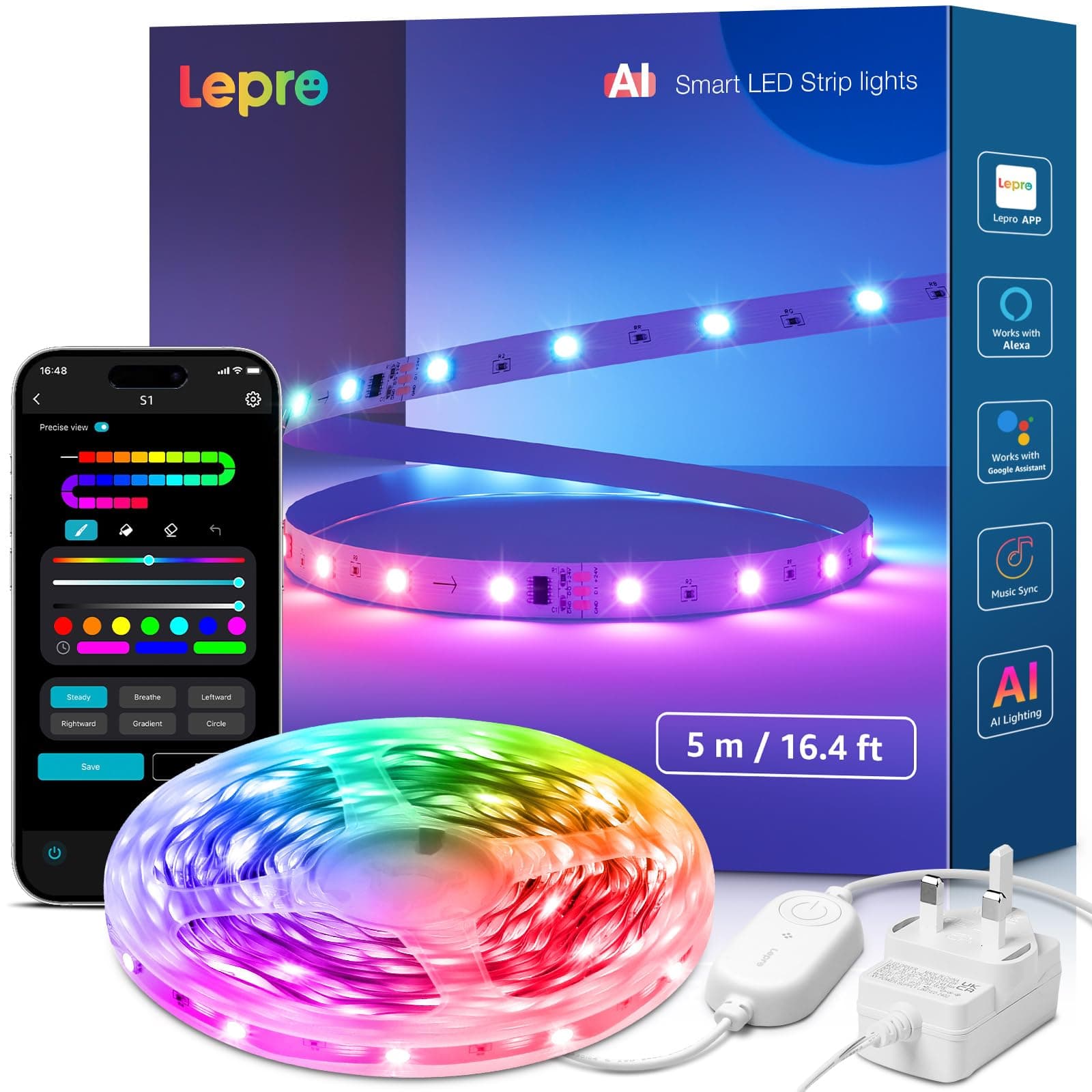 Lepro S1 AI Smart Rainbow LED Strip Light 5M, 30 LEDs/M, Music Sync, Works with Alexa & Google Home, WiFi Bluetooth App Voice Control, AI Lighting Design Assistant, MagicColor LED Lights for Bedroom