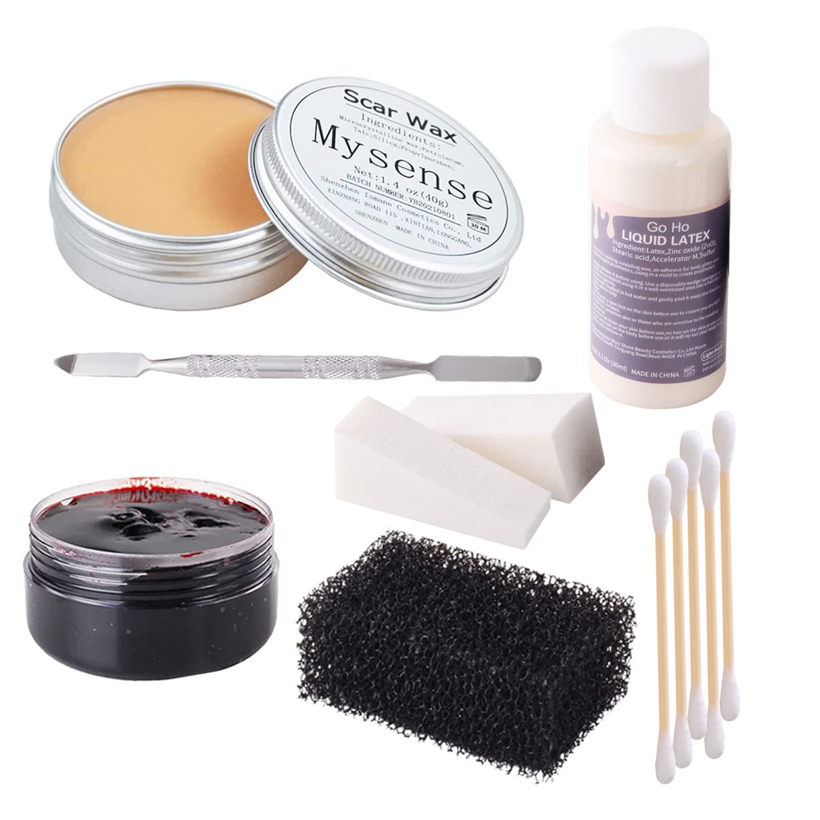 Liquid Latex Scar Wax SFX Makeup Kit for Fake Scars Wounds Burns With Coagulated Blood Gel and Spatula Sponges Q-tips