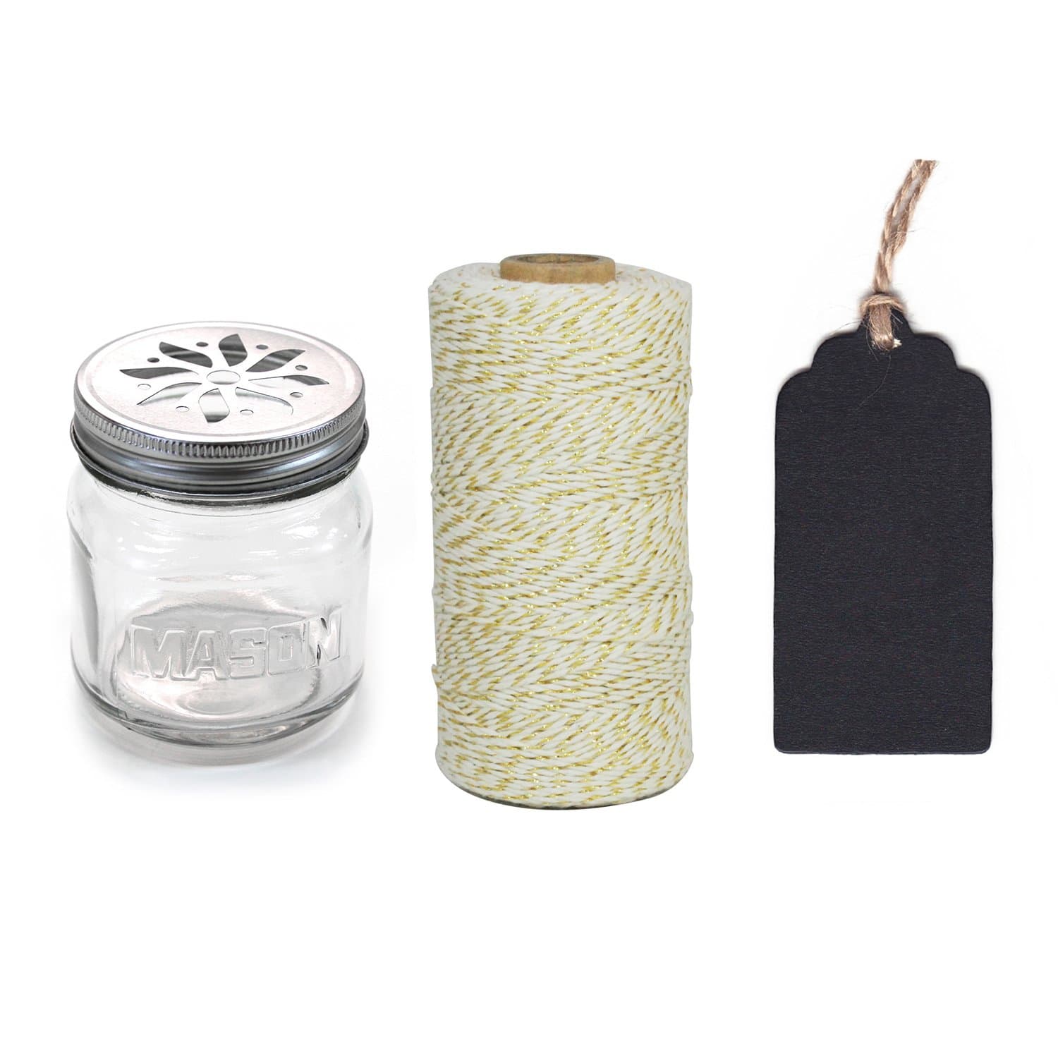 Dress My Cupcake 12-Pack Favor Kit, Includes Vintage Glass Mason Jar Sippers and Twine/Chalkboard Gift Tag, Gold Metallic