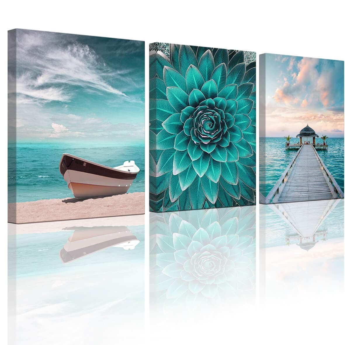 Ocean wall art Nautical canvas art wall Bedroom Wall art Marine theme Green flower Beach picture Boat, sea Bridge 12x16 inch 3 panel Canvas printed artwork Home decor Living room Bathroom Wall art