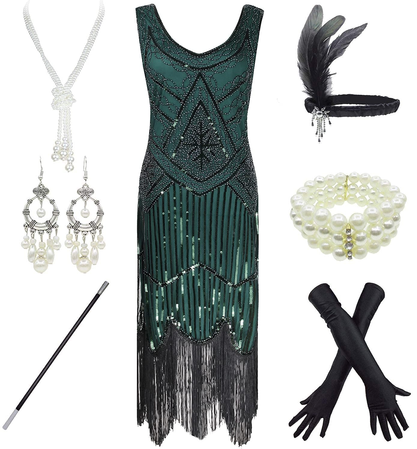 esrtyeryh Women Costume1920s Gatsby Sequin Fringed Paisley Flapper Dress with 20s Accessories Set