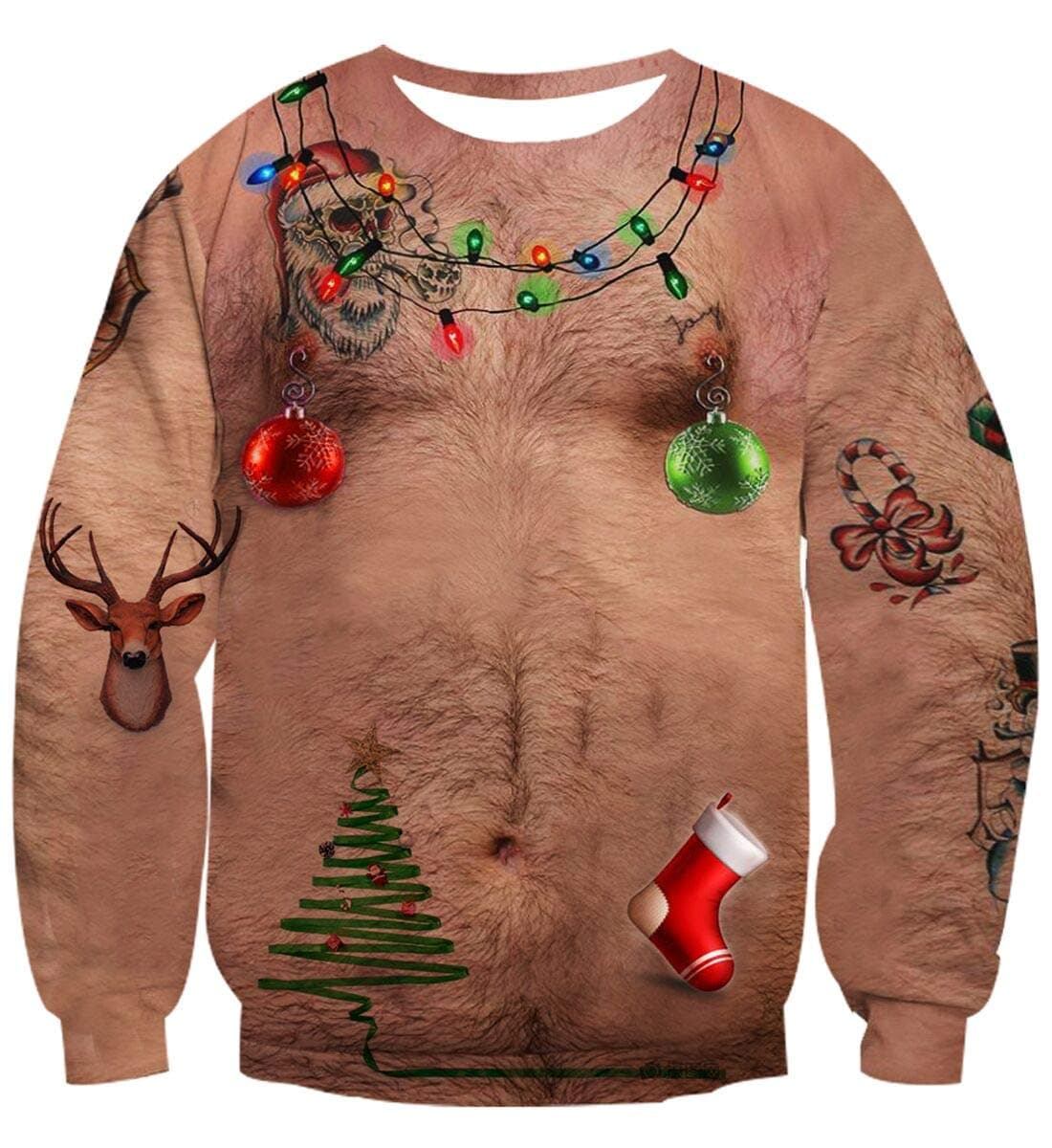 IDGREATIM Unisex Ugly Christmas Pullover Hairy Chest Crewneck Sweatshirts Fashion Graphic Cat Xmas Elf Long Sleeve Sweater L