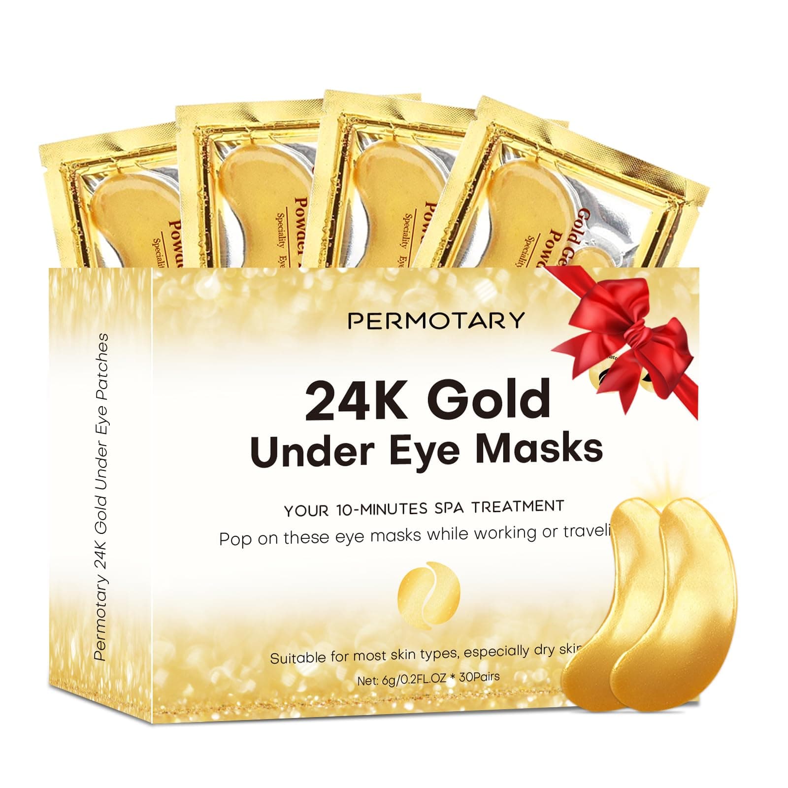 Permotary 30 Pairs 24K Gold Gel Crystal Collagen Eye Pads, Under Eye Mask for...