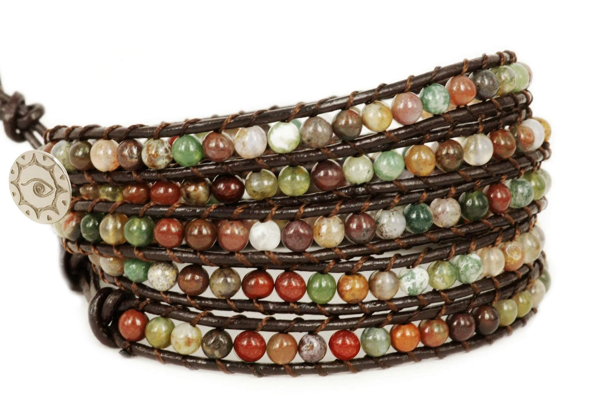 BLUEYES COLLECTION "X Hot Mix Color India Agate Bead Stainless Steel Snap Button Lock Leather Bracelet