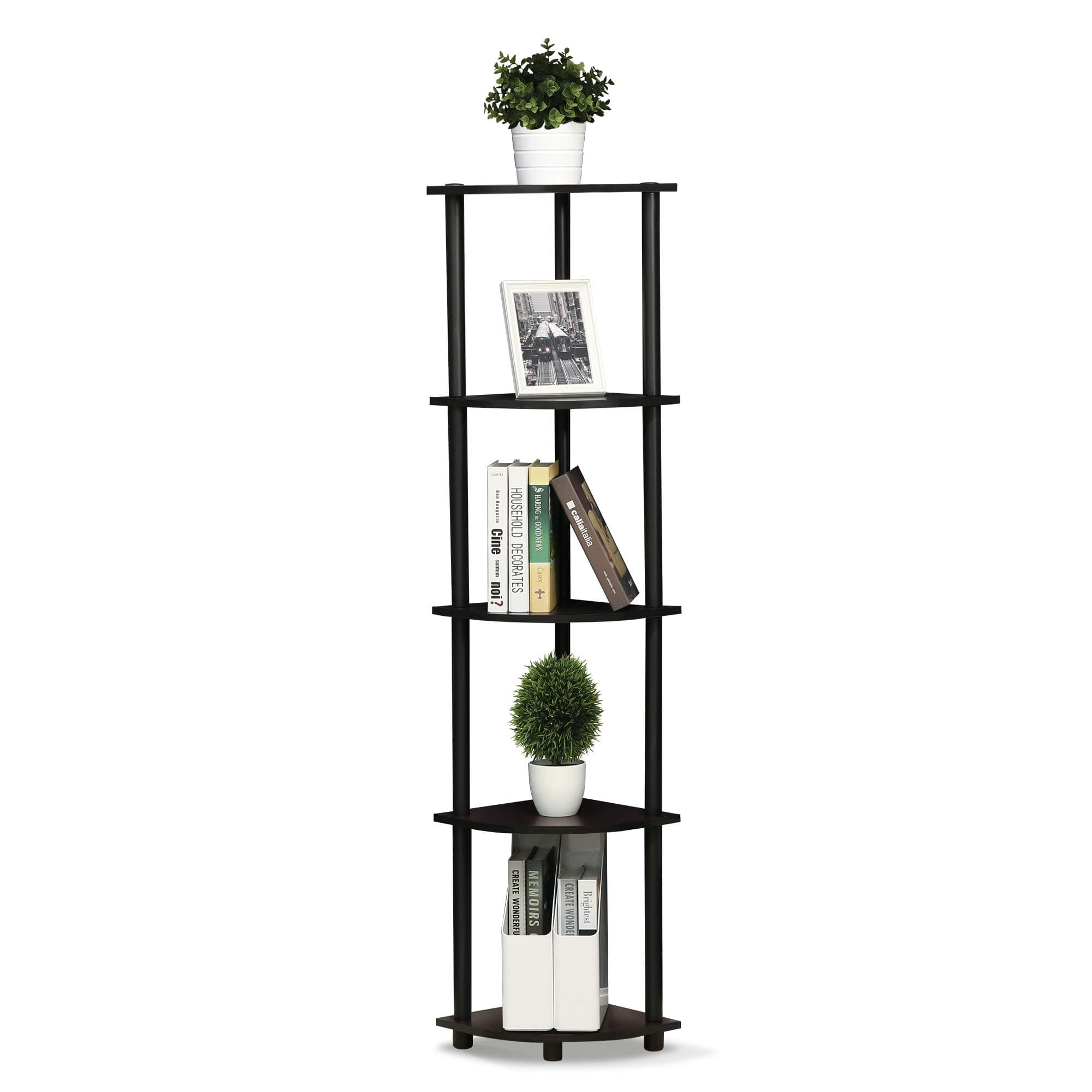 Furinno TURN-N-TUBE Corner Shelf, 5-Tier Corner Bookshelf, Open Storage Shelves, for Organization and Storage, Living Room, Home Office, Garage, Bedroom, Dark Walnut