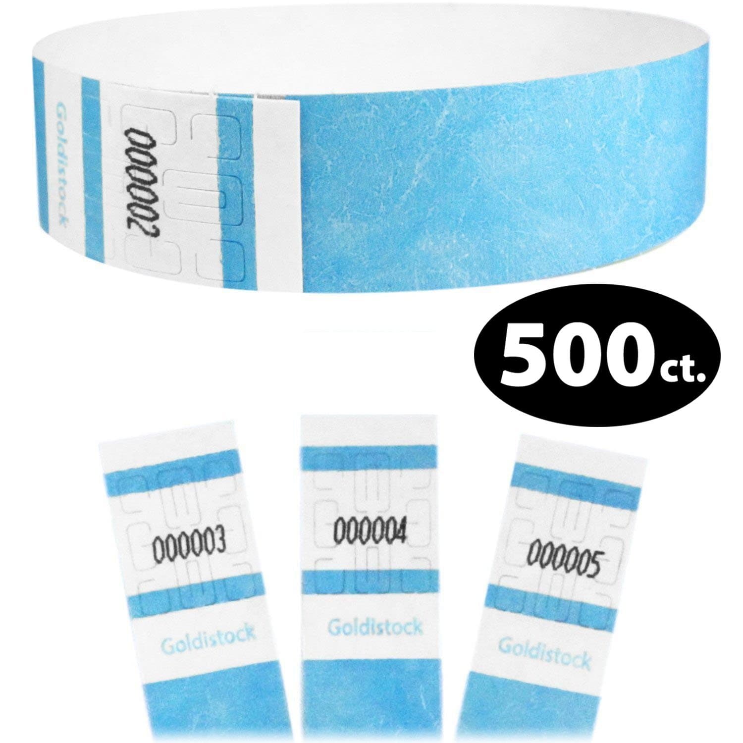 Heavier Tyvek Wristbands 7.5 Mil - Goldistock Select Series Light Blue 500 Count - ¾” Arm Bands - Paper-Like Party Armbands - Fan-Folded (Better Security) - Extra Durable Wrist Bands for Event