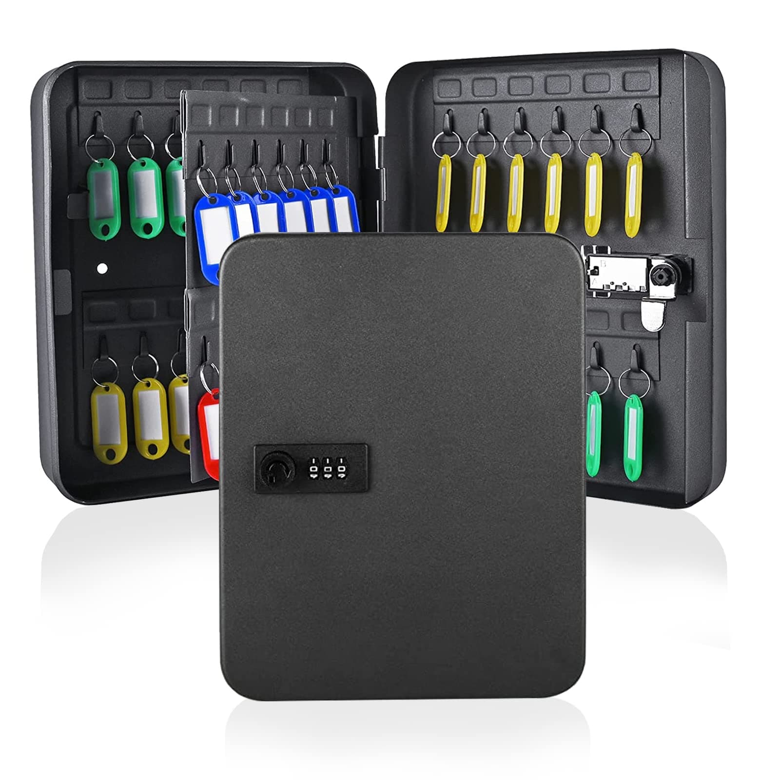 Combination Key Safe - Wall Mounted Key Box 48-key Steel Key Cabinet - Key Lock Box Outdoor with Code & 50 Key Tags Keysafe Outside Large (Black)