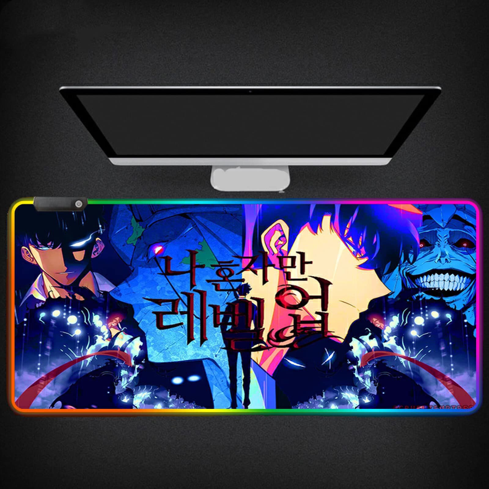 Gaming Mouse Pads Anime Solo Leveling RGB Gaming Mouse Pad Shadow High Orcs Sung Jin-Woo Character LED Extended Large Mousepad Anti-Slip Rubber Base XL PC Computer,Color C,300X700mm