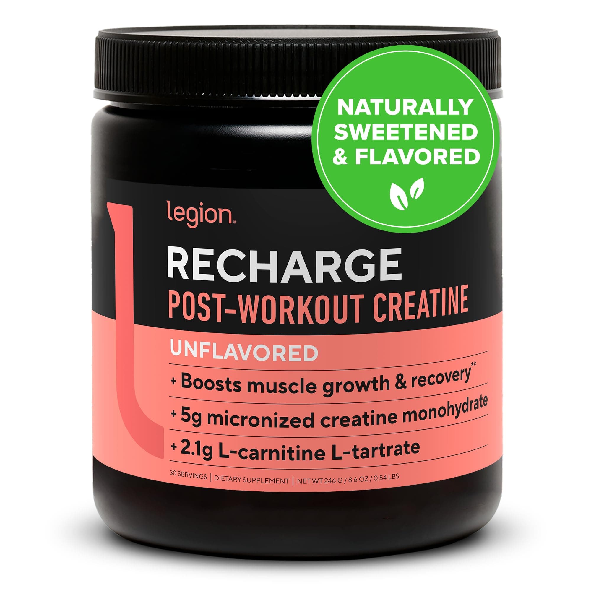 LEGION Recharge Post Workout Supplement - All Natural Muscle Builder & Recovery Drink with Micronized Creatine Monohydrate Naturally Sweetened & Flavored (Unflavored) | 30 Servings
