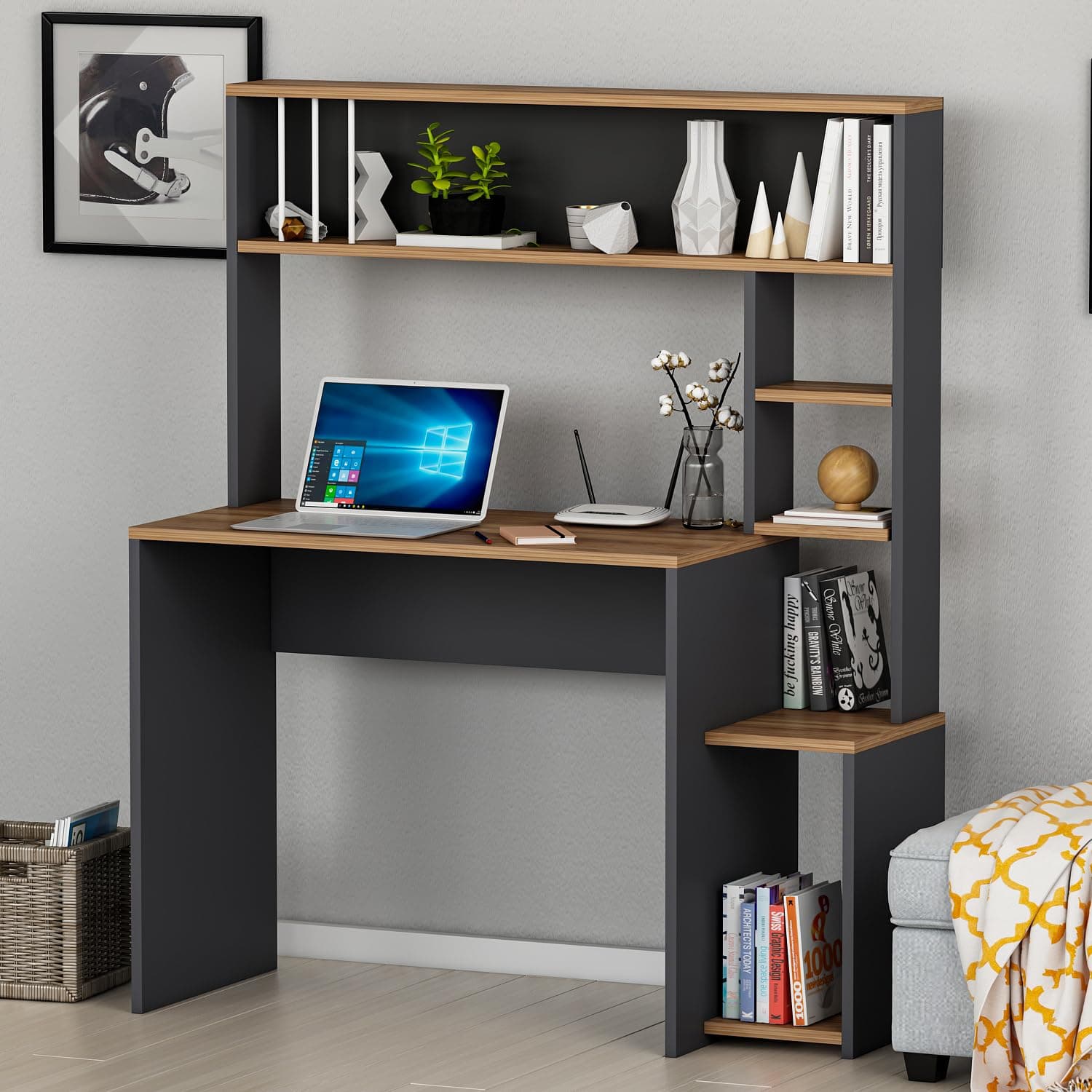 OLIVIA Computer Desk - Work Table with Shelves with Doors in Modern Design for Office Living Room or Children's Room (Olivia - Antrachite)