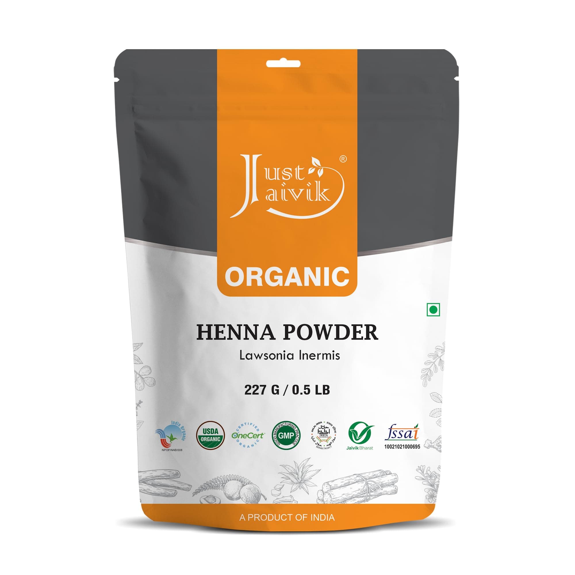 Just Jaivik Organic USDA Certified Henna Powder For Hair Certified by OneCert Asia for USDA Organic Standard 227 Gms / 0.5 LB/ 8 Oz, Natural, No chemical or additive