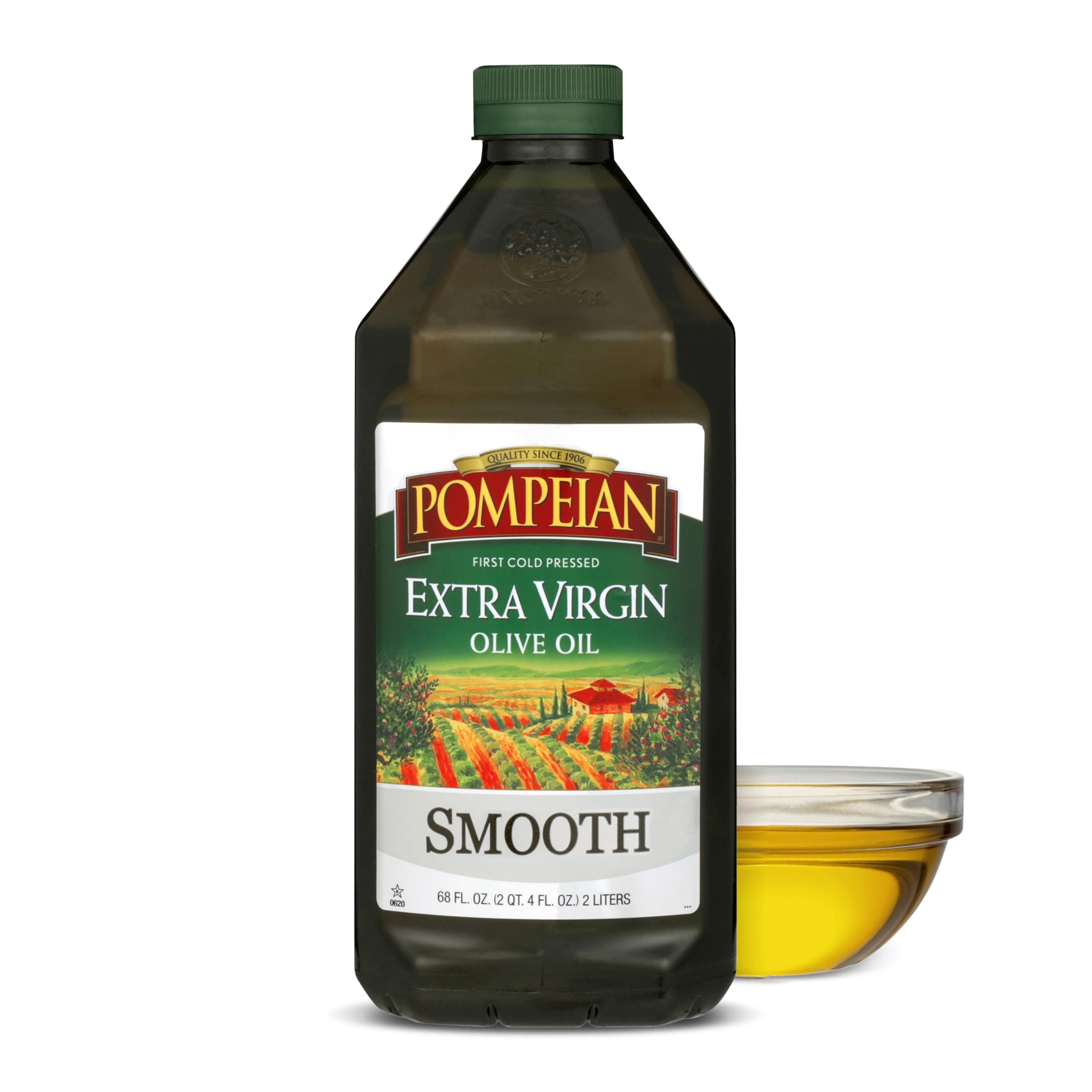 Pompeian Smooth Extra Virgin Olive Oil, First Cold Pressed, Mild and Delicate Flavor, Perfect for Sauteing and Stir-Frying, Naturally Gluten Free, Non-Allergenic, Non-GMO, 68 Fl Oz (Pack of 1)