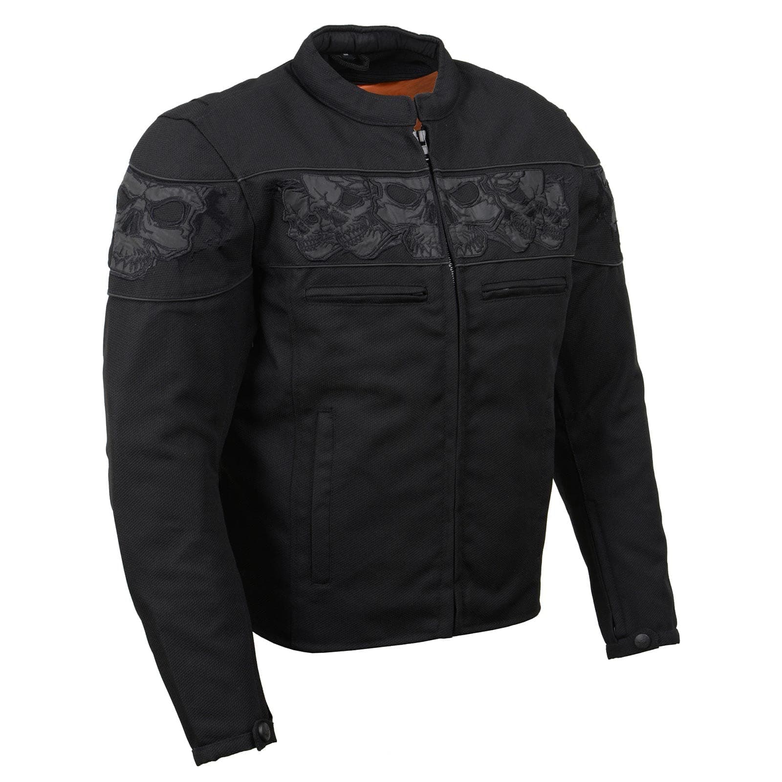 MPM1730 Men's Black Padded Textile All Season Motorcycle Jacket w/Reflective Skulls Artwork