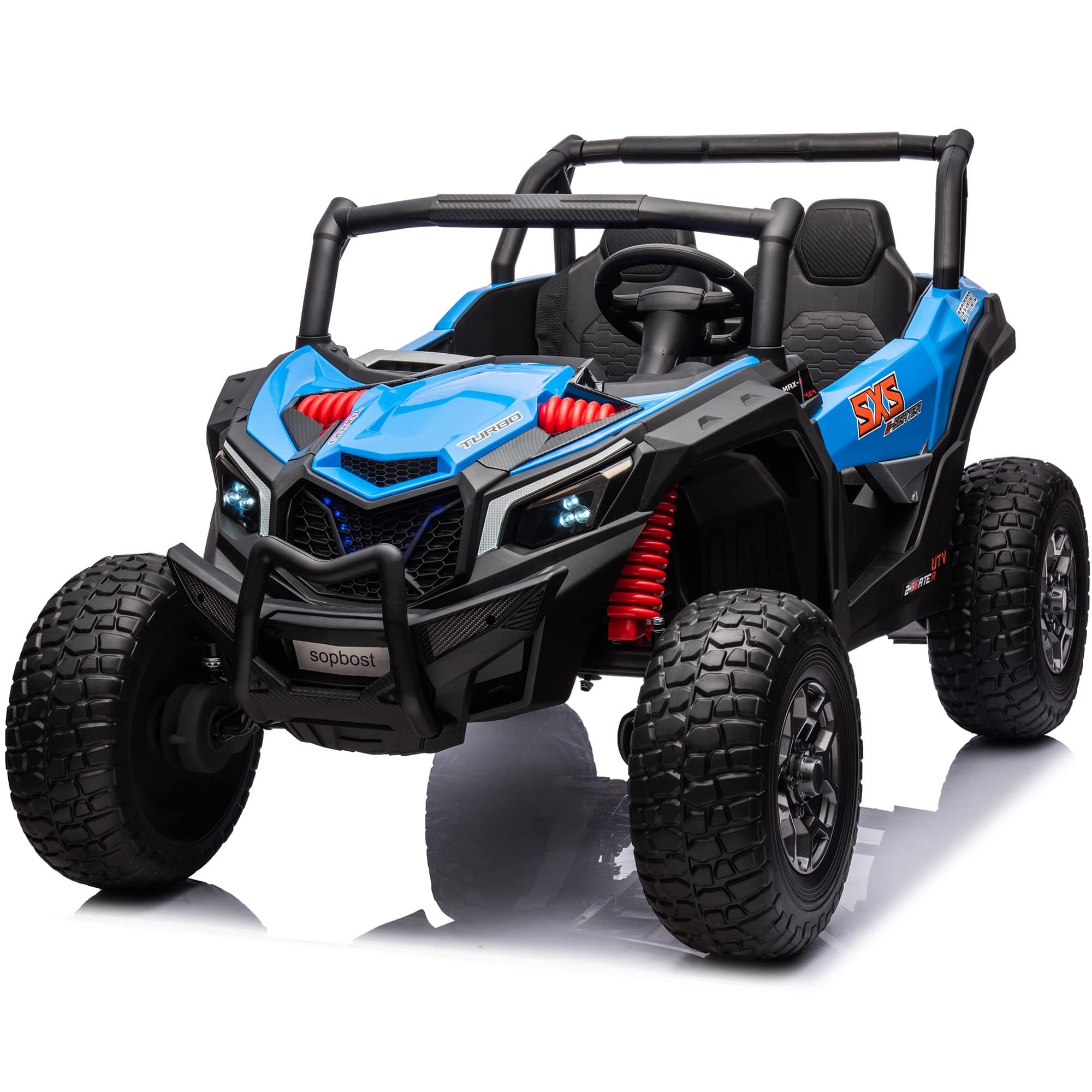 sopbost XXXL 24V 2 Seater Ride On Toys for Big Kids 3-8 Years Old with Remote Control & Music Player 4x4 200W Motors & Rubber EVA Tires 2 Profession Shock Absorbers Off Road Style Kids UTV, Blue&Black