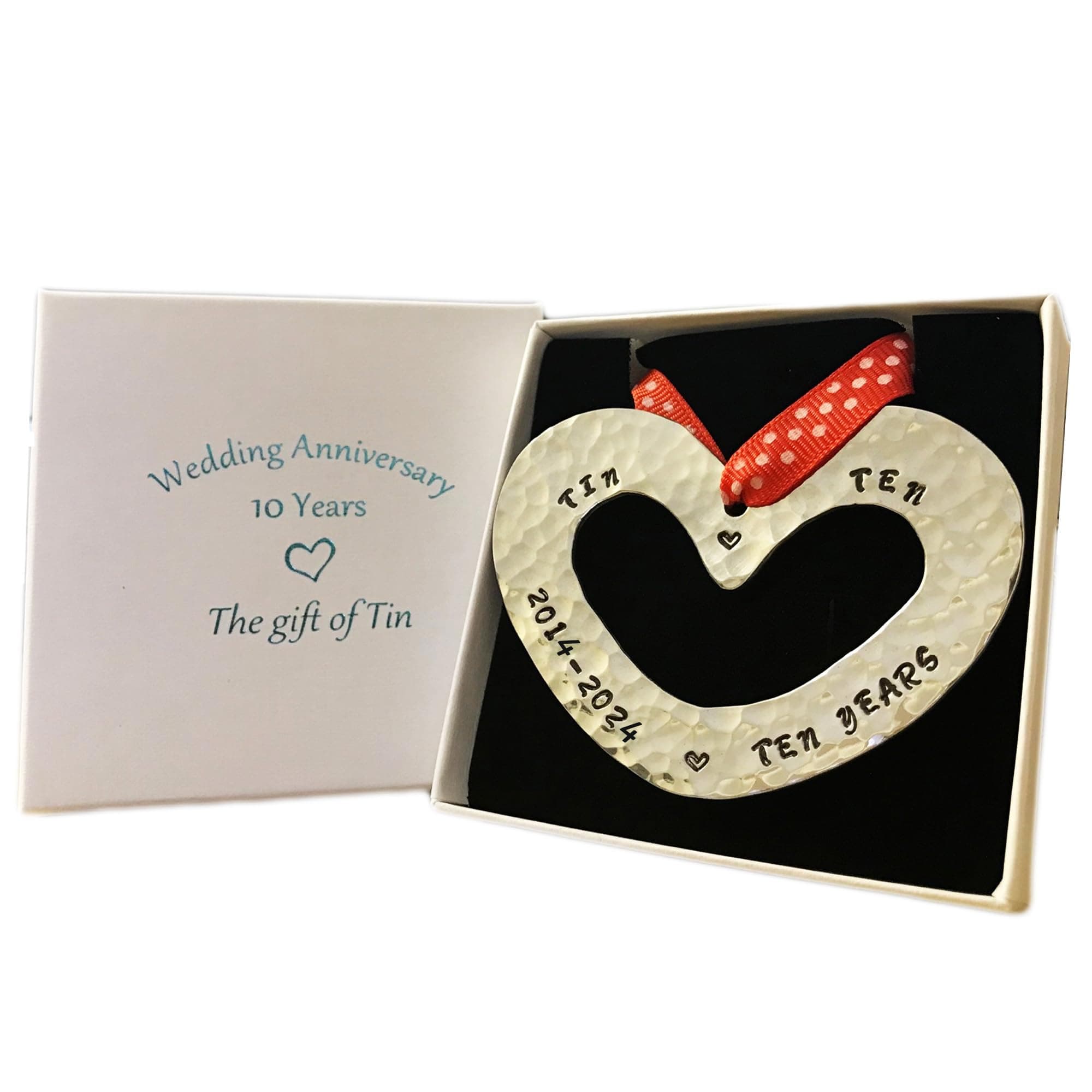 10th Anniversary Tin Gift. Stamped 2015-2025; Small Tin Heart Wall Hanging.