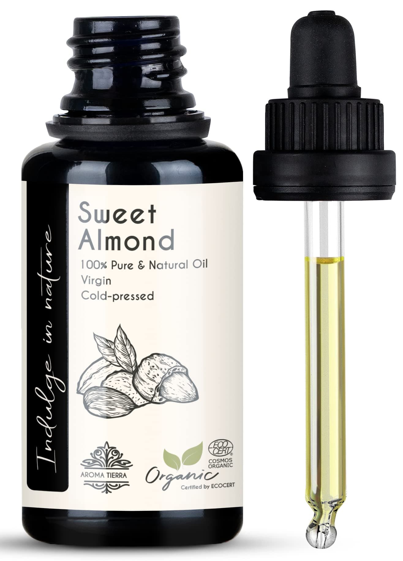 Aroma Tierra Sweet Almond Oil - 100% Pure Organic Cold Pressed Unrefined - For Face Skin Hair Body Nails - 30ml