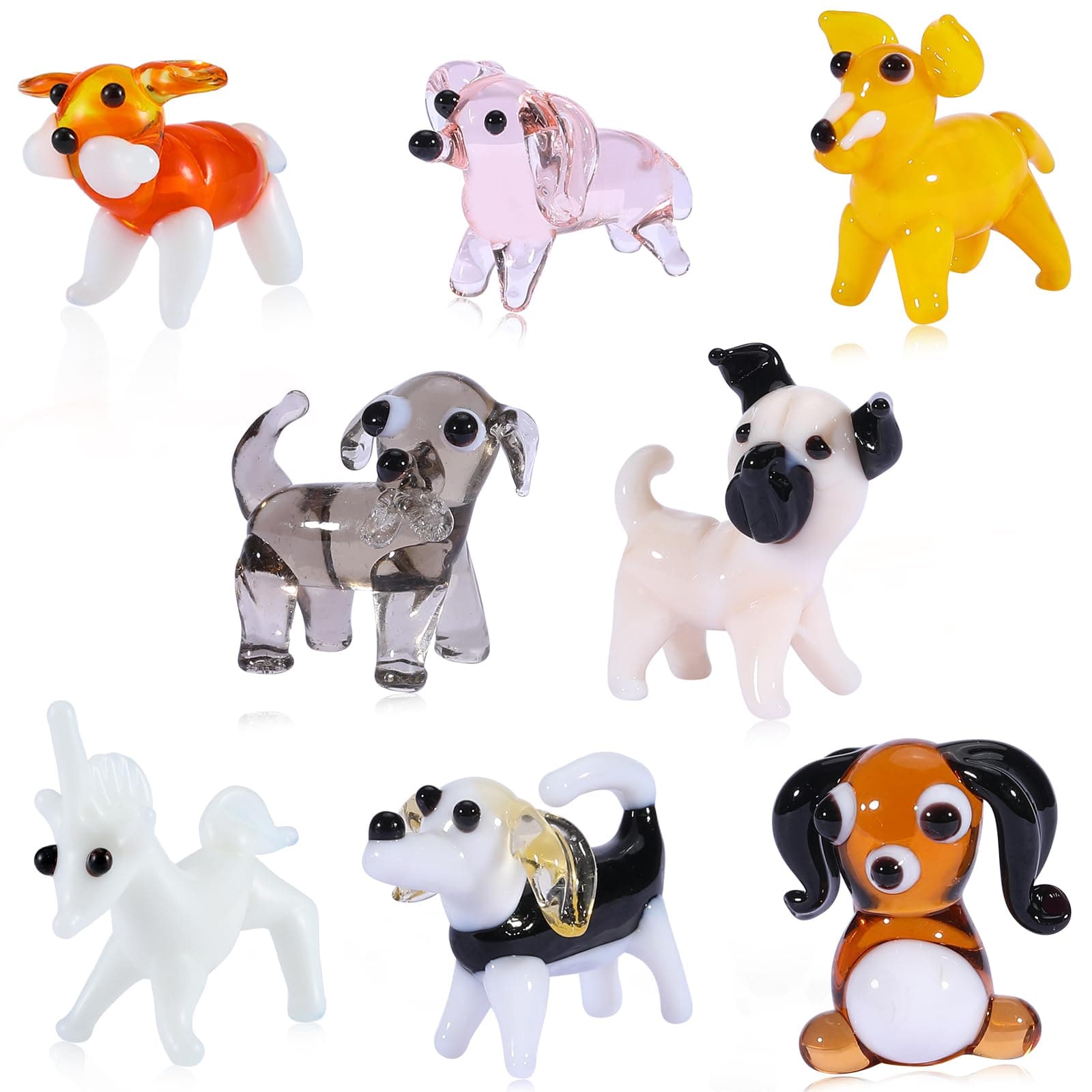 8 Piece Hand Blown Glass Figurines Glass Animals Small Dog Glass Statue Includes Dachshund, Beagle Dog, Puppies or Various Breeds Glass Figurines for Collectibles, Home Decoration, Gifts