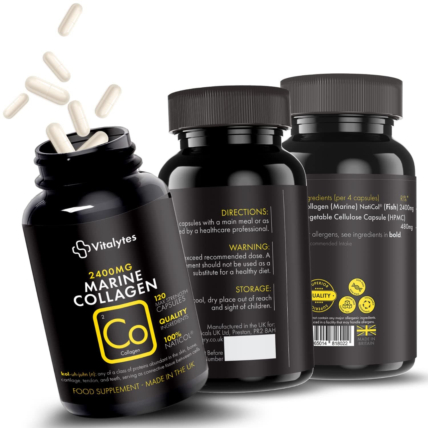 Vitalytes Marine Collagen Supplement 2400mg | 120 Marine Collagen Capsules Made in The UK | Premium Type 1 Collagen Tablets for Women and Men | Great for Skin, Bones & Joints