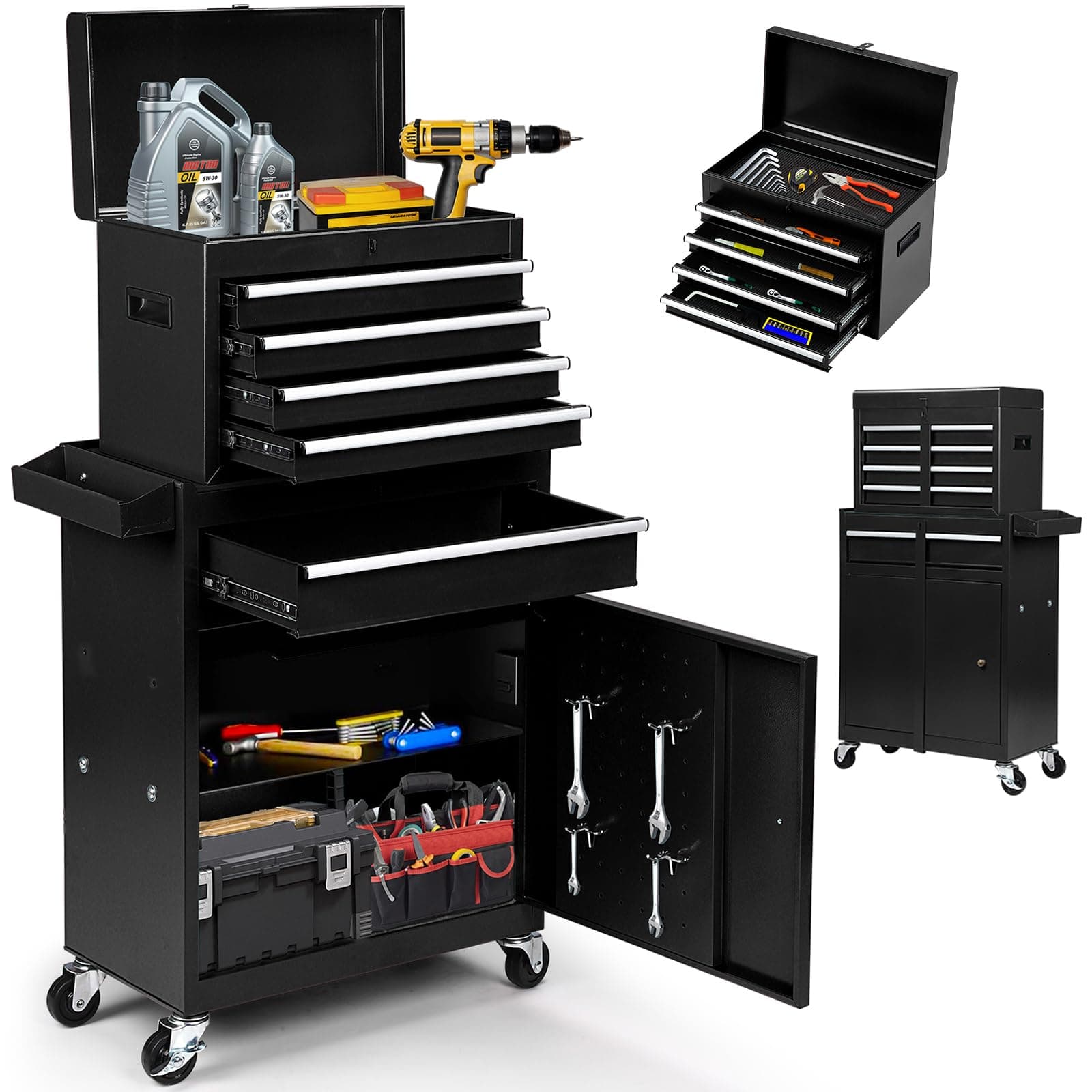 5-Drawer Rolling Tool Chest with Detachable Tool Box, Lockable Wheels, 4 Hooks, and Liner, Heavy-Duty Metal Tool Cart for Garage and Workshop Storage, Black